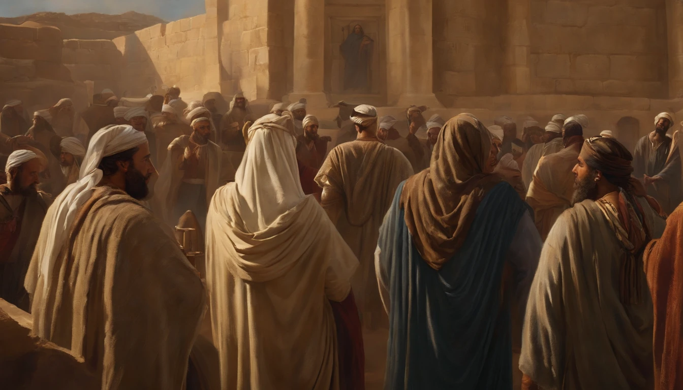 Jeremiah calls the Israelites to repentance, The Cry of the Prophet,Gatherings with large numbers of people, papyrus,Weathered parchment,Old gowns,,History reference,High-quality artwork and details,Realistic portrait style,Subtle color palette,vibrant background,natural textures,Deep Shadows,Subtle highlights,Historical accuracy,meticulous attention to detail,Emotional depth and intensity,Authentic Representation,Thought-provoking,Spiritual atmosphere,A Sense of Ancient Wisdom,Profound impact