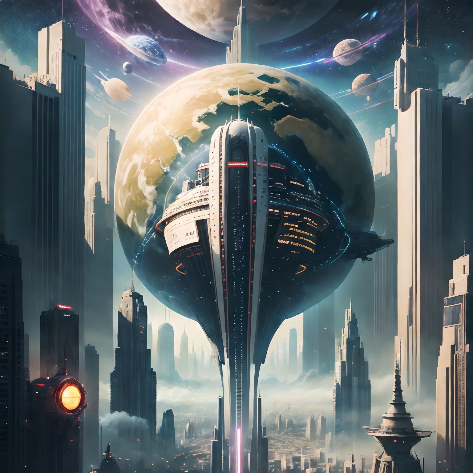 Futuristic cities、futuristic cities,Entertainment City,floating in the universe、cyberpunked、SFart by,Skyscrapers line the streets、A space station,top-quality、masterpiece、dream、utopian、planet earth、World of Dreams、Fantasia、𝓡𝓸𝓶𝓪𝓷𝓽𝓲𝓬、Beautiful city、Space City、A world far beyond the creation of mankind,StarWars,