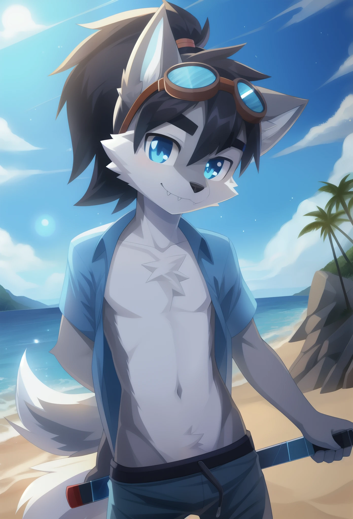 Furry shota, Young, wolf, black hair, long spiky ponytail, blue eyes, detailed body fur, blue hawaiian shirt, open clothes, black swim trunkd, goggles, masterpiece, looking at you, fangs, clear grey body fur, detailed face, big eyebrows, detailed eyes, detailed body, detailed body fur, detailed hands, flat body, glistering body, shiny body, skinny, beach, clear sky, sassy face, :3, ice magic, holding a ice sword, ice around him, ice particles,
