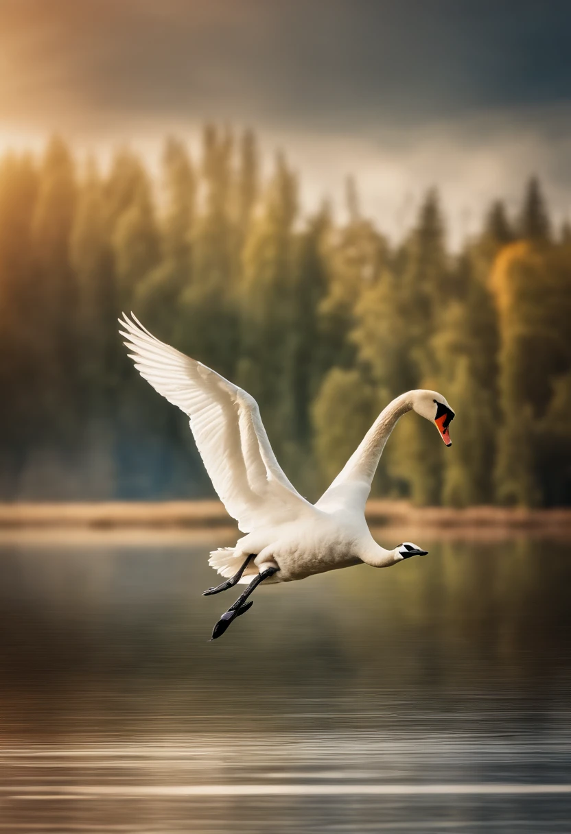 Swans flying over a beautiful lake, reflections of them flying in the water,. sharp focus, attractive , beautifull, hdr. ultr realistic watercolor, wet on wet, soft pastel shades.