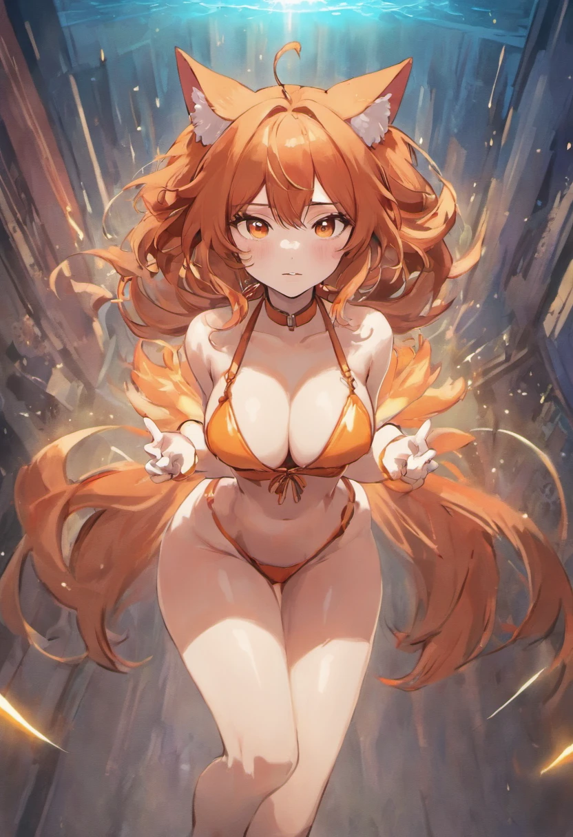 ((Best Quality, 8k, Masterpiece: 1.3)), Full Body, Anime, red hair, long hair, orange eyes, , fox ears, fox tail, big boobs, big ass, short skirt, tattered clothes, topless, looking at viewer, erotic expression, spreading legs, horny,