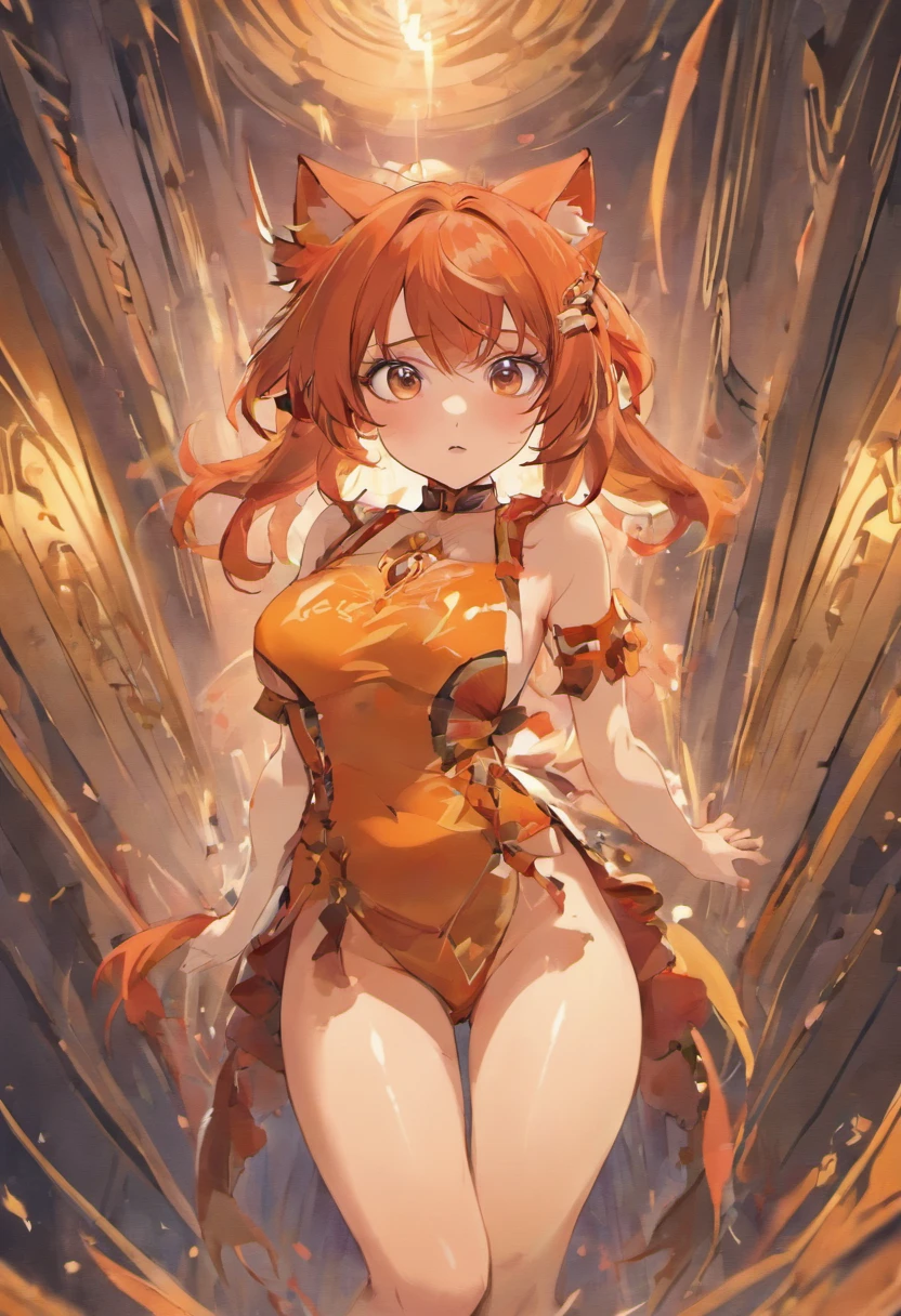 ((Best Quality, 8k, Masterpiece: 1.3)), Full Body, Anime, red hair, long hair, orange eyes, , fox ears, fox tail, big boobs, big ass, short skirt, tattered clothes, topless, looking at viewer, erotic expression, spreading legs, horny,