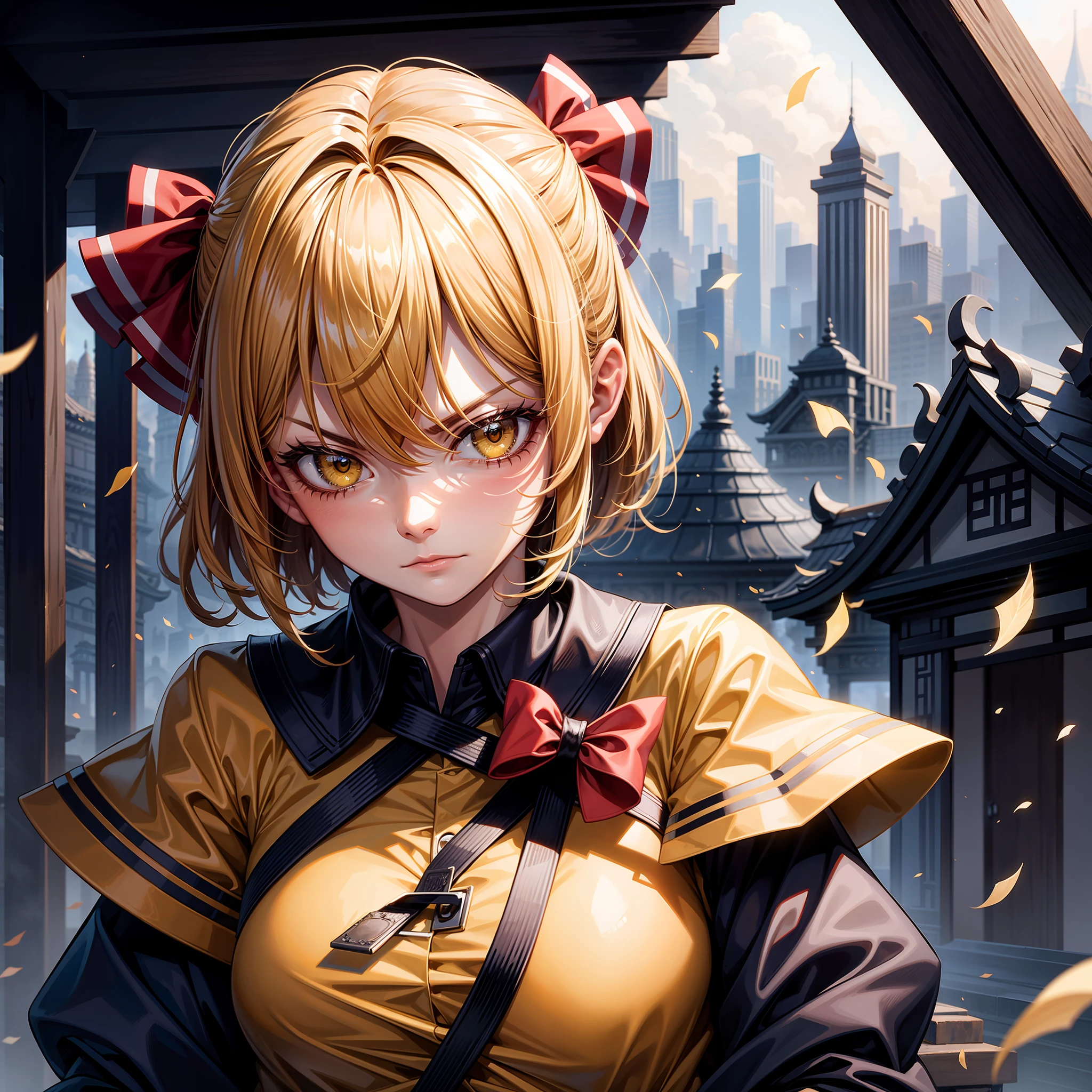 detailed background, masterpiece, best quality, 1girl, solo, soft particles, (touhou), looking away, angry, detailed background, soft particles, wood, temple, city, ruins, outdoors, , curtsey, upper body, portrait, beautiful detailed eyes, ((yellow eyes)), armored dress