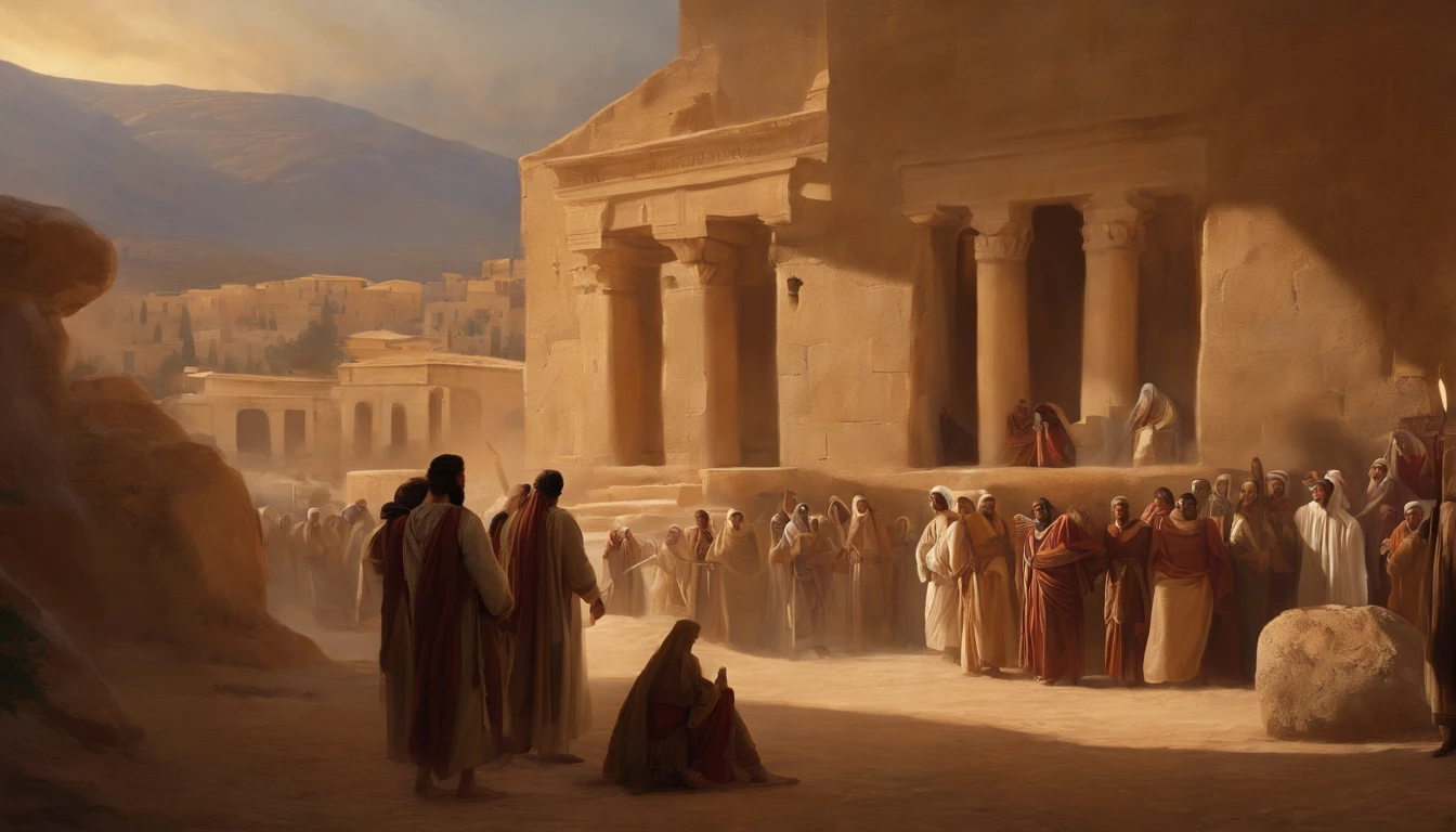 Jeremiah calls the Israelites to repentance, The Cry of the Prophet,Gatherings with large numbers of people, papyrus,Weathered parchment,Old gowns,,History reference,High-quality artwork and details,Realistic portrait style,Subtle color palette,vibrant background,natural textures,Deep Shadows,Subtle highlights,Historical accuracy,meticulous attention to detail,Emotional depth and intensity,Authentic Representation,Thought-provoking,Spiritual atmosphere,A Sense of Ancient Wisdom,Profound impact