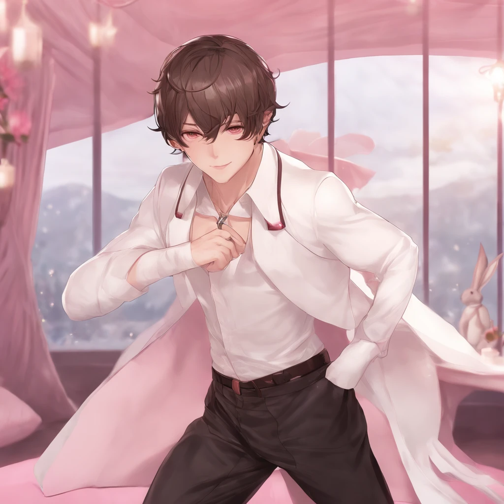 Male character in rabbit costume, athletic body,  transparent white clothes, short dark brown hair, pink background, delicate and aphrodisiac room decoration, mirrors, manga art, brown eyes