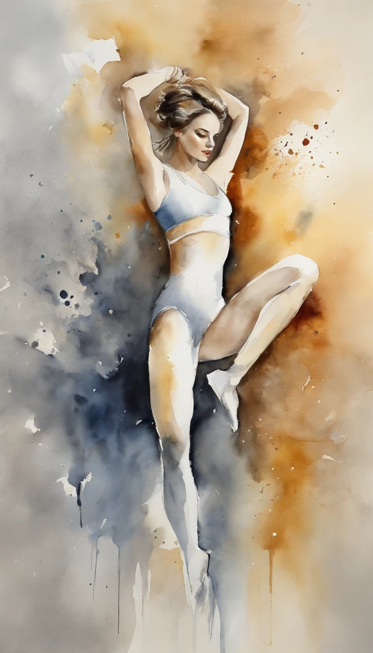 Abstract artistic background. Vintage illustration, (beautiful Romanian girl wearing a gymnastics collant 1.5 +++), figures, golden brushstrokes. Textured background. Oil on canvas. modern Art. grey, wallpaper, poster, card, mural, print, wall art --ar 1:3