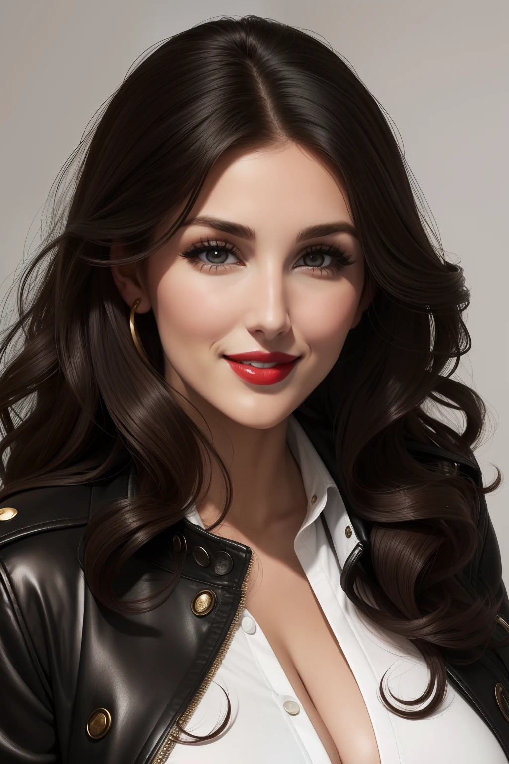 lucy pinder, face portrait, smiling, black hair, curly hair, red lipstick, white blouse, black jacket