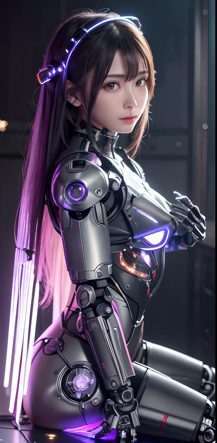 top-quality、​masterpiece、超A high resolution、(Photorealsitic:1.4)、((a beauty girl:1.6)), 1 full-body cyborg girl、、NOhumans、((The skin part is only the face)), Luminous Eyes、((Lots of split metal chest protectors)), Metal Robot、((The whole body is the body of a combat robot))、((Body parts are robot parts:1.8))、((The internal mechanisms of the chest are exposed)), ((Mechanical chest armor with LED indicators and meters)), Robot arms and legs、((Exposed metal skeleton of the abdomen))、Metal skeleton of the cervical region、Under repair、destroyed body、Metal Mechanical Bra、Full Body Metal Skin、Metal bodysuit、Metal scales covering the whole body、body made of metal、Whole body metal、a beauty girl、prosthetic hand、artificial leg、Full body cyborg、Exposed metal skeleton、Asian Beauty、cyberpunked、steampunc、Inside the futuristic space battleship、laboratory、Complex 3d rendering beautiful porcelain profile ultra detailed female type android face、dark brown  hair、glowy skin、((super realistic details))、portlate、globalillumination、Shadow、octan render、metals、Details of complex ornaments、Japan details、highly intricate detail、Realistic light、CGSoation Trends、a purple eye、radiant eyes、Facing the camera、neon details、Mechanical limbs、blood vessels connected to tubes、Mechanical vertebrae attached to the back、mechanical cervical attaching to neck、sitting on、Wires and cables connecting to the head、Gundam、Small LED lamp、​masterpiece、 Metal Robot、body made of metal、Whole body metal、prosthetic hand、artificial leg、Full body cyborg、Exposed metal skeleton、Asian Beauty、cyberpunked、steampunc、Futuristic cities、laboratory、Complex 3d rendering beautiful porcelain profile super detailed female android face、cyborgs、roboticparts、150mm、beautiful studio soft light、Rim Lights、vibrant detail、luxuriouscyberpunk、Ren Hao、surrealistic、Anatomical、face muscles、cable electric wires、microchips、elegent、beatiful backgrounds、octan render、HR Giger Style、8K、top-quality、​masterpiece、illustratio、extremely delicat