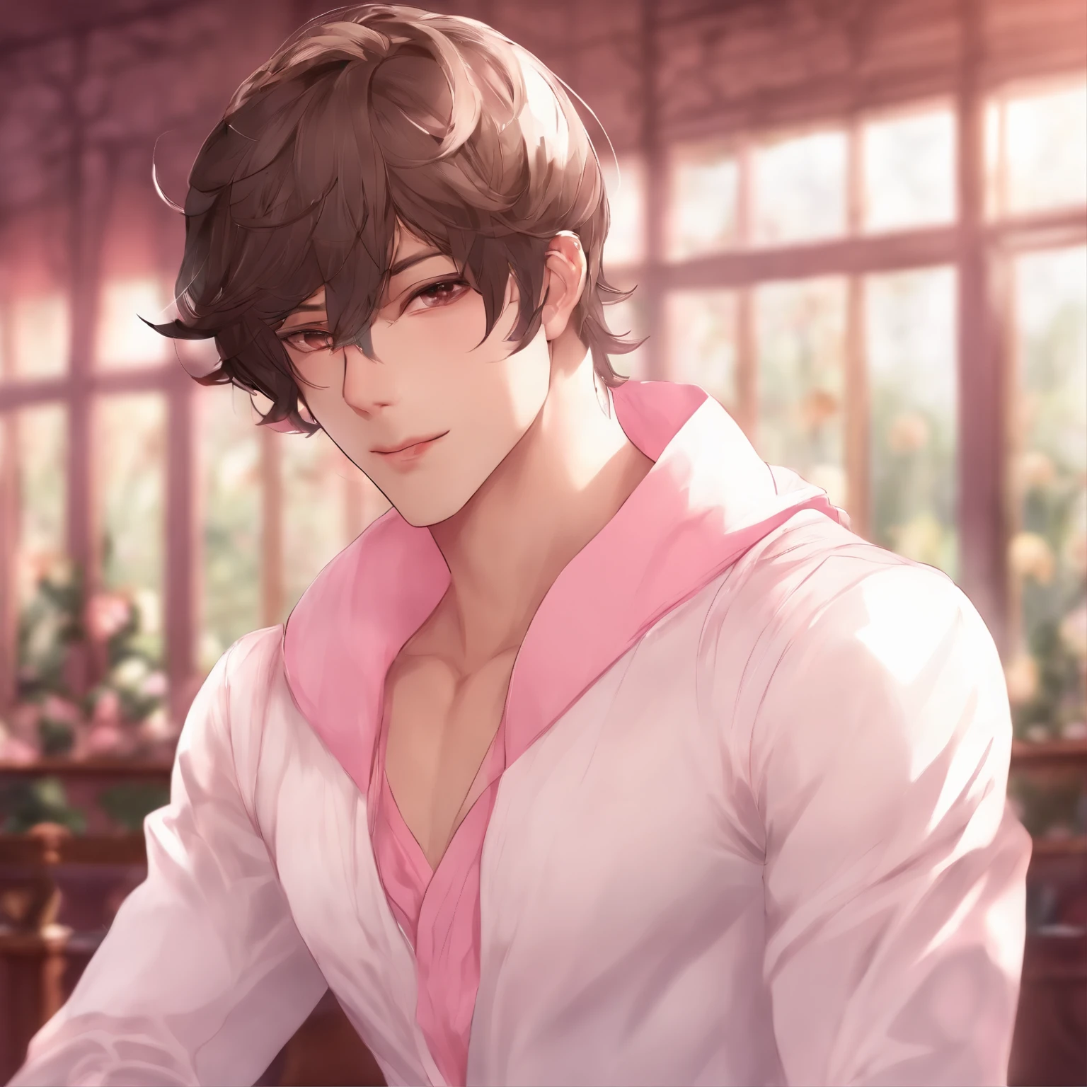 Male character in rabbit costume, athletic body,  transparent white clothes, short dark brown hair, pink background, delicate and aphrodisiac room decoration, mirrors, manga art, brown eyes