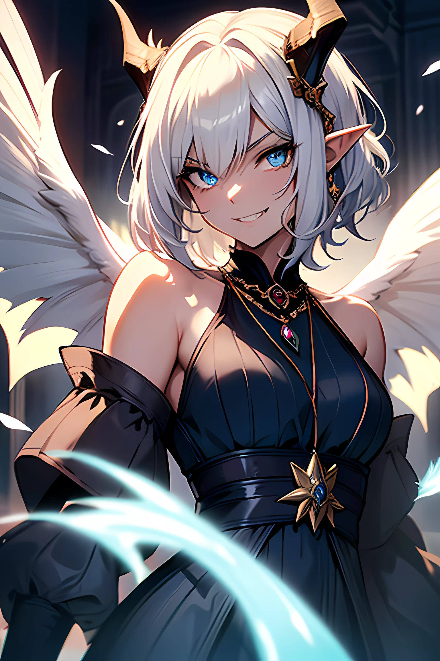 1girl, Highly detailed, elf ears, very short hair, white hair, asymmetrical hair, wavy hair, 1920's ornate dress, blue eyes, glowing eyes, smiling menacingly, fangs, 7 feet tall, dragon eyes, feathered hair, blue gem necklace, slender, large angel wings, small-medium chest, dragon horns, crazy eyes