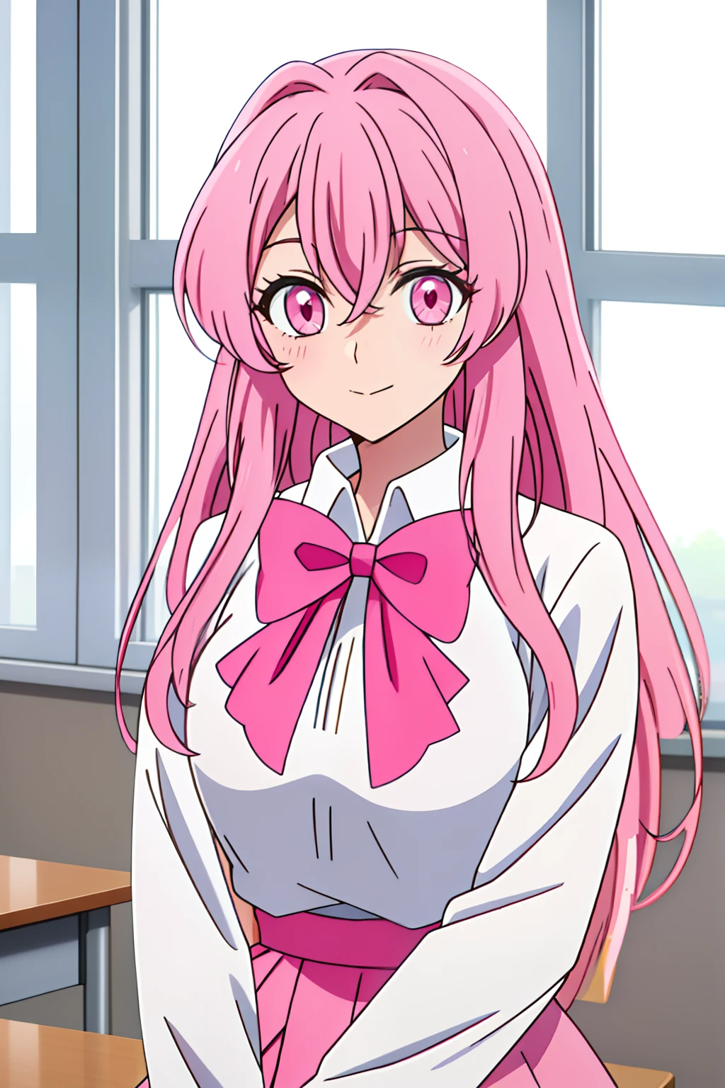 anime girl with pink hair and pink bow tie sitting in front of window, highschool dxd, dressed with long fluent clothes, large friendly pink eyes, ((zerator)), [[[[grinning evily]]]], long bubblegum hair, standing in class, , ultra detailed, best quality, expressive eyes, perfect face, ultra hight quality, ultra detail, hight quality, best quality