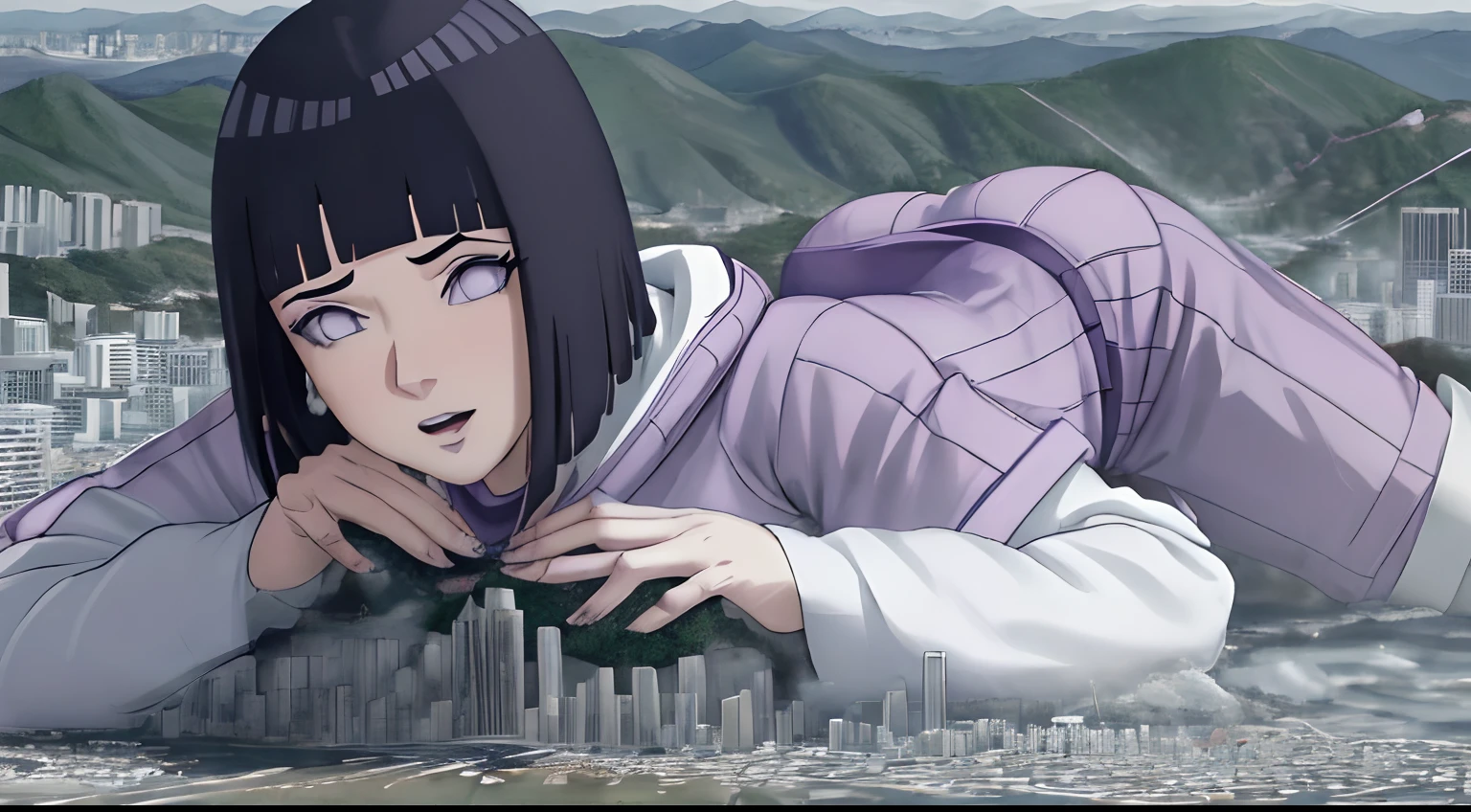 Masutepiece, La mejor calidad, colores vibrantes, ((Madre enorme)), ((Altura 30m:1.2)),Hinata Hyuga,Tallgts,Gigante,,Aspecto hermoso,maquillaje delicado,perfect ilumination,cinematic quality,8k,alta calidad,(GTScity:1.5),GTS,aerial view,Rampage,Escalonamiento, perfect composition, labios detallados, pecho grande, Cara hermosa, body propotion, sonrojarse, (labios rosados), Cabello largo, purple eyes, mirada suave, super-realistic, detallado, , Rostro y cuerpo realistas, escote,obra maestra, absurdos, Hinata \ (Boruto \), 1girl, solamente, hembra madura, Sudadera con capucha morada, mangas en capas, short pantalones marrones, , Perfect composition,, pecho grande, mirando hacia arriba,cleavage