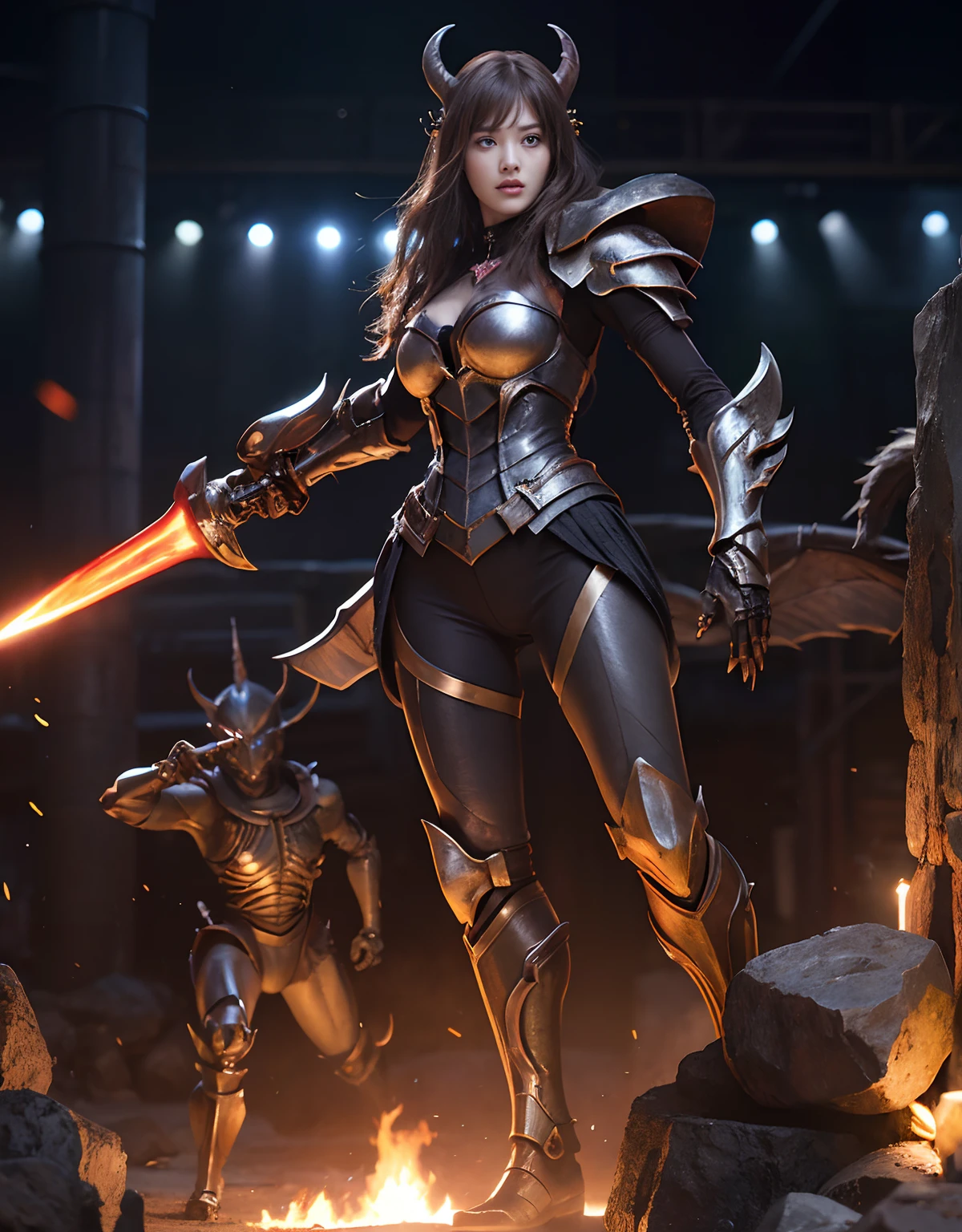 (One Knight Girl)、top-quality、​masterpiece、超A high resolution、(Photorealsitic:1.4)、Raw photo、***1人、Fight mutants、（Wear the Dark Knight's Armor）、glowy skin、(((Dark Fantasy)))、With a beautiful sword and shield、（Black Metal Bodysuit）、(Fight goblins、ogre、Fierce battle with orcs),（Fight fiercely against aliens）、Fight fiercely、(Skeleton collective background),(Background of decaying dungeon ruins)、（Skeleton helmet）、(Fighting Demonic Beasts)、(Small LED)、((super realistic details))、portlate、(Strong giant demon beast background),globalillumination、Shadow、octan render、8K、ultrasharp、Colossal tits、Raw skin is exposed in cleavage、metals、Details of complex ornaments、Japan details、highly intricate detail、Realistic light、(Mystical expression),CGSoation Trends、Red Eyes、radiant eyes、Facing the camera、neon details、(Mechanical limbs)、(blood vessels connected to tubes)、()、Gundam、Small LED、Toostock、（Fight aliens on another planet）、（Attack of the Monster Beasts）、（Wounded in a deadly battle）、