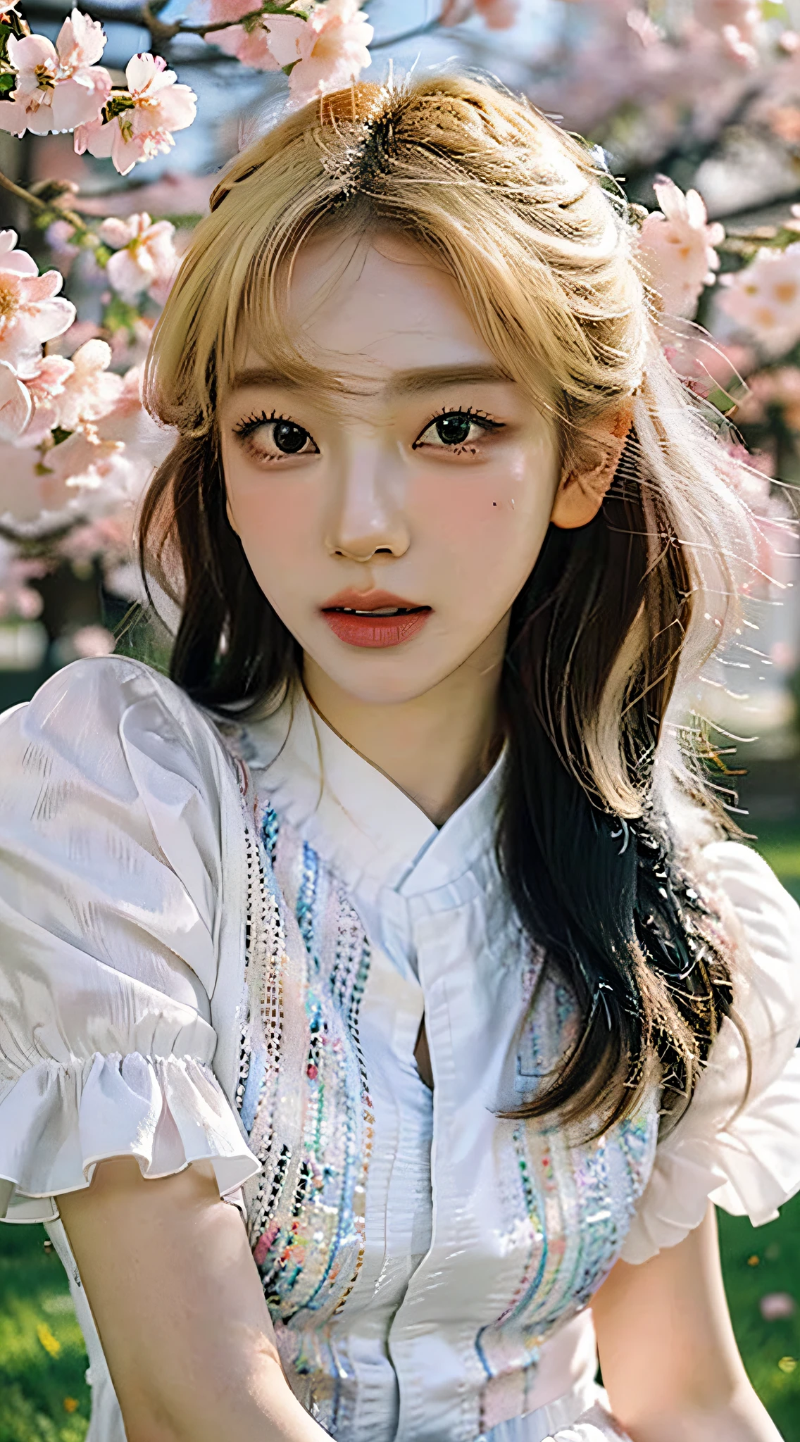 Best quality, Realistic, Photorealistic, extremely detaile, An extremely delicate and beautiful, RAW photo, Korean beauty,South Korean beauties,Girl in JK uniform, Vibrant colors, Detailed eyes and lips, Beautiful hair, blonde hair, joyful expressions, Surrounded by cherry blossom trees, It has a kawaii anime style, In a picturesque garden full of sunshine. The artwork is of the best quality, With ultra-detailed features and realistic, Realistic touch. vibrant with colors,The lighting creates a warm atmosphere, Dreamy atmosphere.