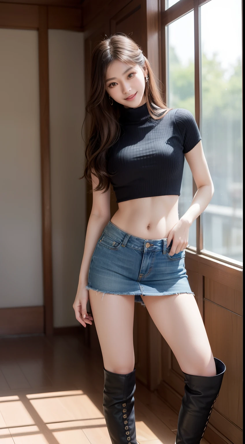 8K, masutepiece, Raw foto, Best Quality, Photorealistic, Wallpapers with extreme details CG Unity 8K, depth of fields, Cinematic Light, lensflare, Ray traching, (Extremely beautiful face, Beautiful lips, beautidful eyes), intricate detail face, ((Ultra Detail Skin)) 1girl in, (Korean model Kim Daun, Dhoni), (Korean model Kim Daun, Dhoni), (Korean model Kim Daun, Dhoni), (Korean model Kim Daun, Dhoni), (Korean model Kim Daun, Dhoni),1 girl, (very thin muscular body:1.3), ((look up at viewer)),(huge smile:1.3), (blured background), A glimmer of light), (No people in the background.:1.3), Beautiful earrings, Clear eyes, Front shot, (pale-skinned), (Big eyes), (Big eyes) (Big eyes), (Big eyes), (Big eyes), Facing forward, (Full body shot), (ligh brown hair), Open the navel............, (look up at viewer:1.3), Very slim, a slender waist, small hips, , a slender waist, small hips, a slender waist, small hips, a slender waist, small hips, ((wide open abdomen))、((open abdomen))、((wide open navel))、((open navel))、((Bare belly))、((Mid-Riff Sweater))、((Ultra-low rise、Denim Mini Skirt))、 ((Navel Ejection))、((small hips))、((Full body depiction))、((small hip))、(boots)、((Ultra-low rise))、((Denim Mini Skirt))、((is standing))、)