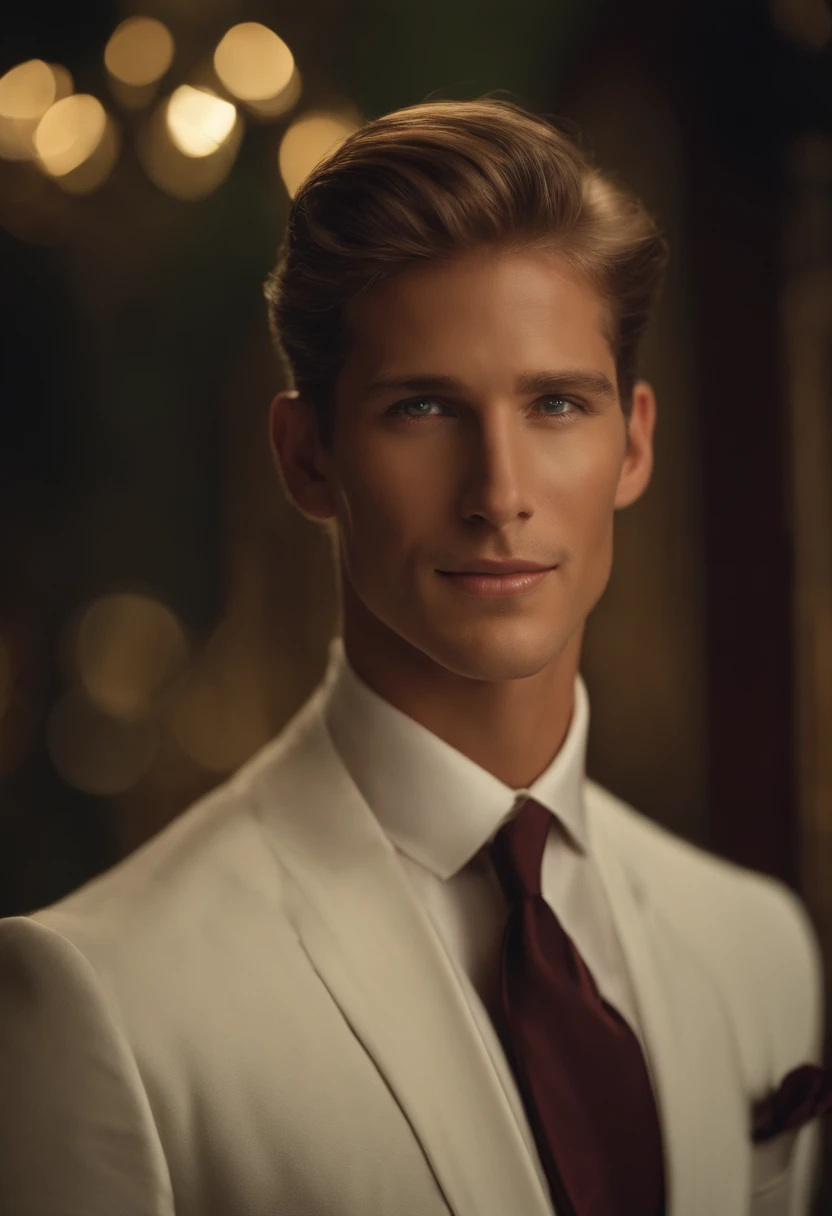 Gere uma imagem de um homem jovem e magro, vestido de forma elegante com, He's wearing a gold ring, colar em um de seus dedos e parece muito feliz e contente, sorrindo radiante. His face is imposing and bald, sem barba, with realistic green eyes that glow with joy as if about to reveal an important news with great HDR enthusiasm, Sharp focus, hyper smiling, detailed, highly detailed, realista, cinematiclight, tgerno azul terno vermelho