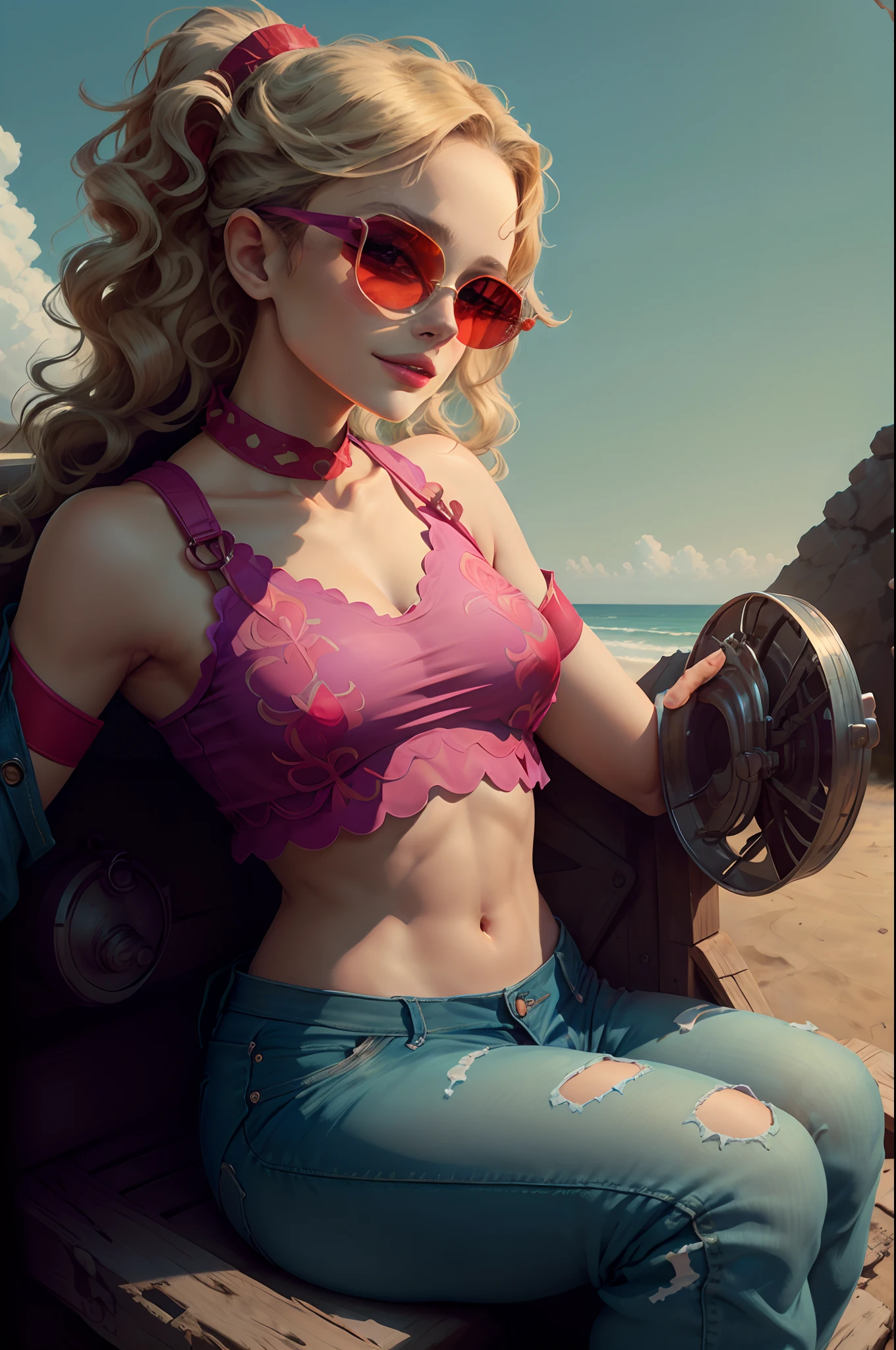 ua,(Masterpiece) flat vector art,singer,woman,beautiful anime style woman,(Natalie Portman),purple-glasses,smiling,Blonde flat color, front angle, clean detailed faces, intracate toptank, (((a red top scalloped red straps))),((tank top)),midriff and ((Denim shorts)) analogous colors, glowing shadows, beautiful gradient, depth of field, clean image, high quality, high detail, high definition,centered front view,front view,looking at camera,cowboy shot, Luminous Studio graphics engine, cute face, slim waist, nice hips