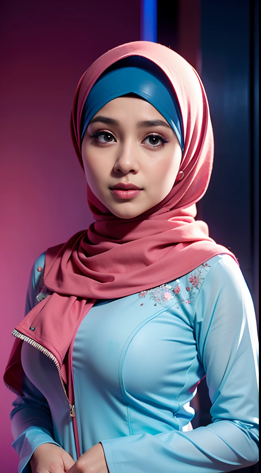 1 Malay girl, modern plain hijab, shy, medium portrait, watery eyes, blue glowing particles, wearing kebaya covering the entire chest,pastel blue, blue light bokeh background, well-proportioned body,