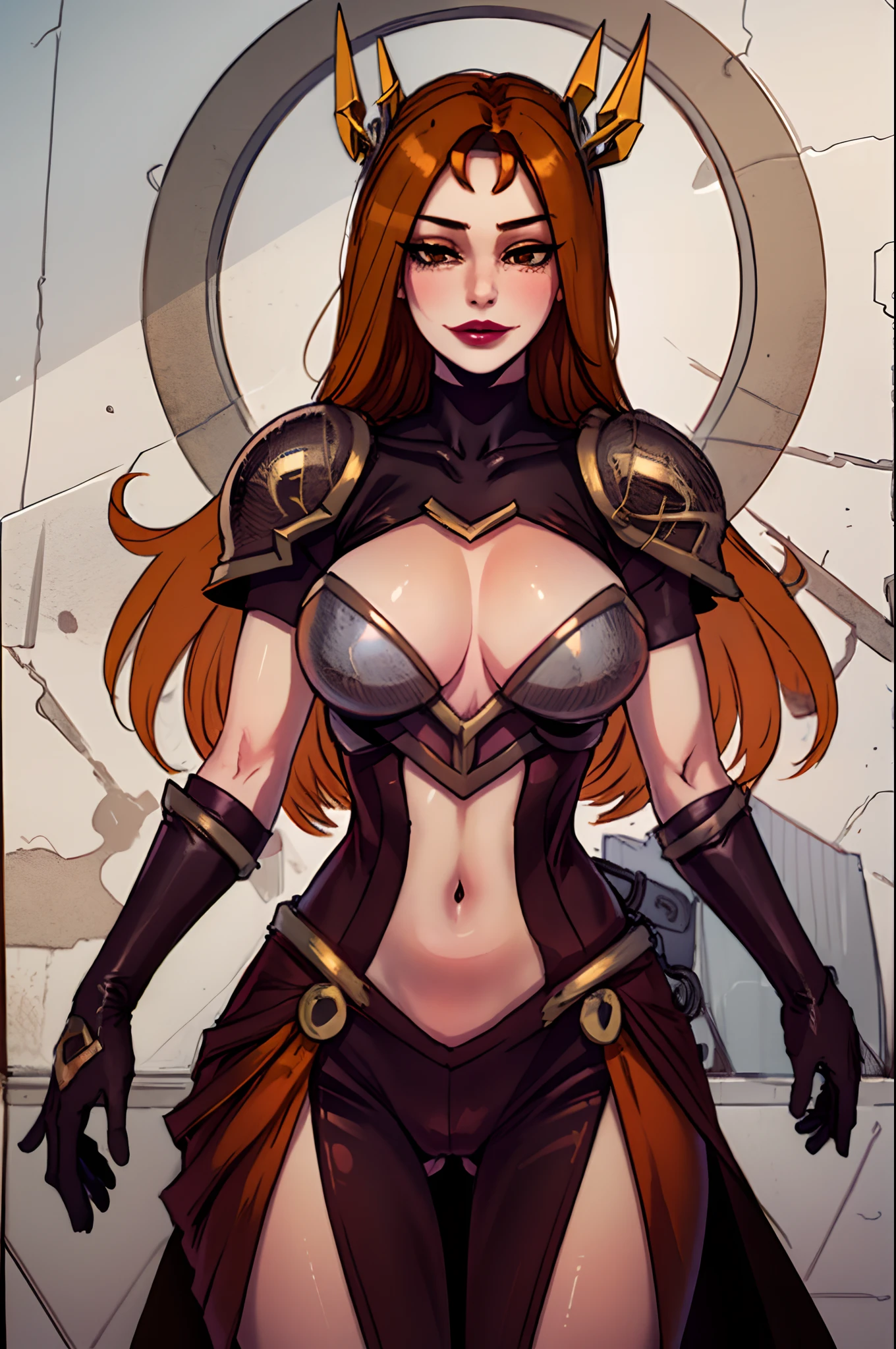 (masterpiece, best quality:1.2), cowboy shot, solo, 1girl, leona \(lol\), slight smile, closed mouth, hair ornament, brown eyes, armor, portrait, orange hair, milf, thick lips, lipstick, armor