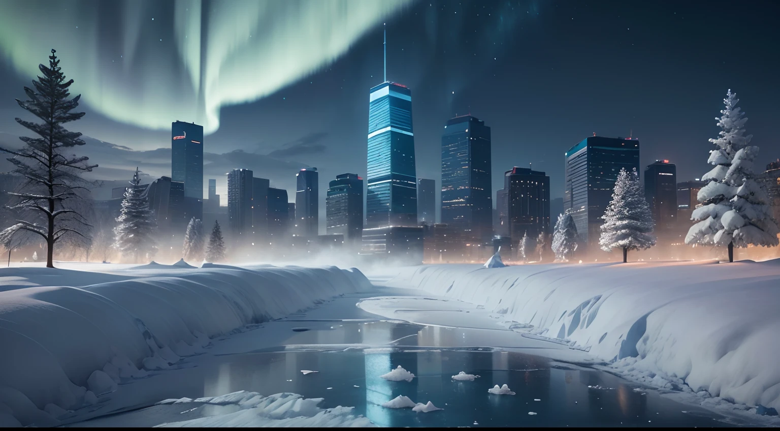 frozen city,icy streets,glowing auroras,distant mountains,tall skyscrapers,frost-covered trees,crystal-like structures,reflecting light,shimmering ice sculptures,hazy fog,soft snowflakes,dazzling winter wonderland,shining city lights,snow-covered rooftops,quiet and serene atmosphere,chilly breeze,silent footsteps on icy pavement,bluish-white color palette,mystical and enchanting ambiance,(best quality,4k,8k, highres,masterpiece:1.2),ultra-detailed,(realistic,photorealistic,photo-realistic:1.37),HDR,UHD,studio lighting,physically-based rendering,professional,vivid colors,bokeh,landscape,frozzen