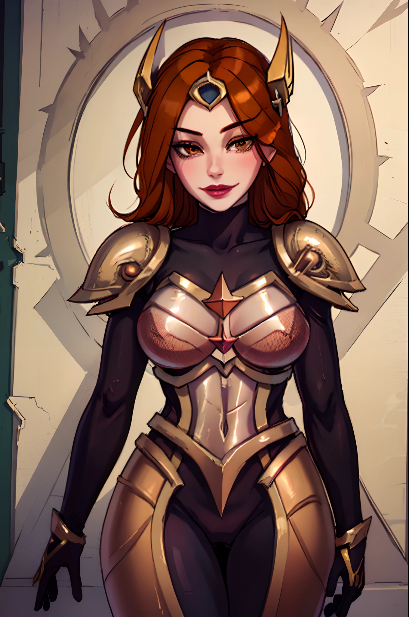 (masterpiece, best quality:1.2), cowboy shot, solo, 1girl, leona \(lol\), slight smile, closed mouth, hair ornament, brown eyes, armor, portrait, orange hair, milf, thick lips, lipstick, armor