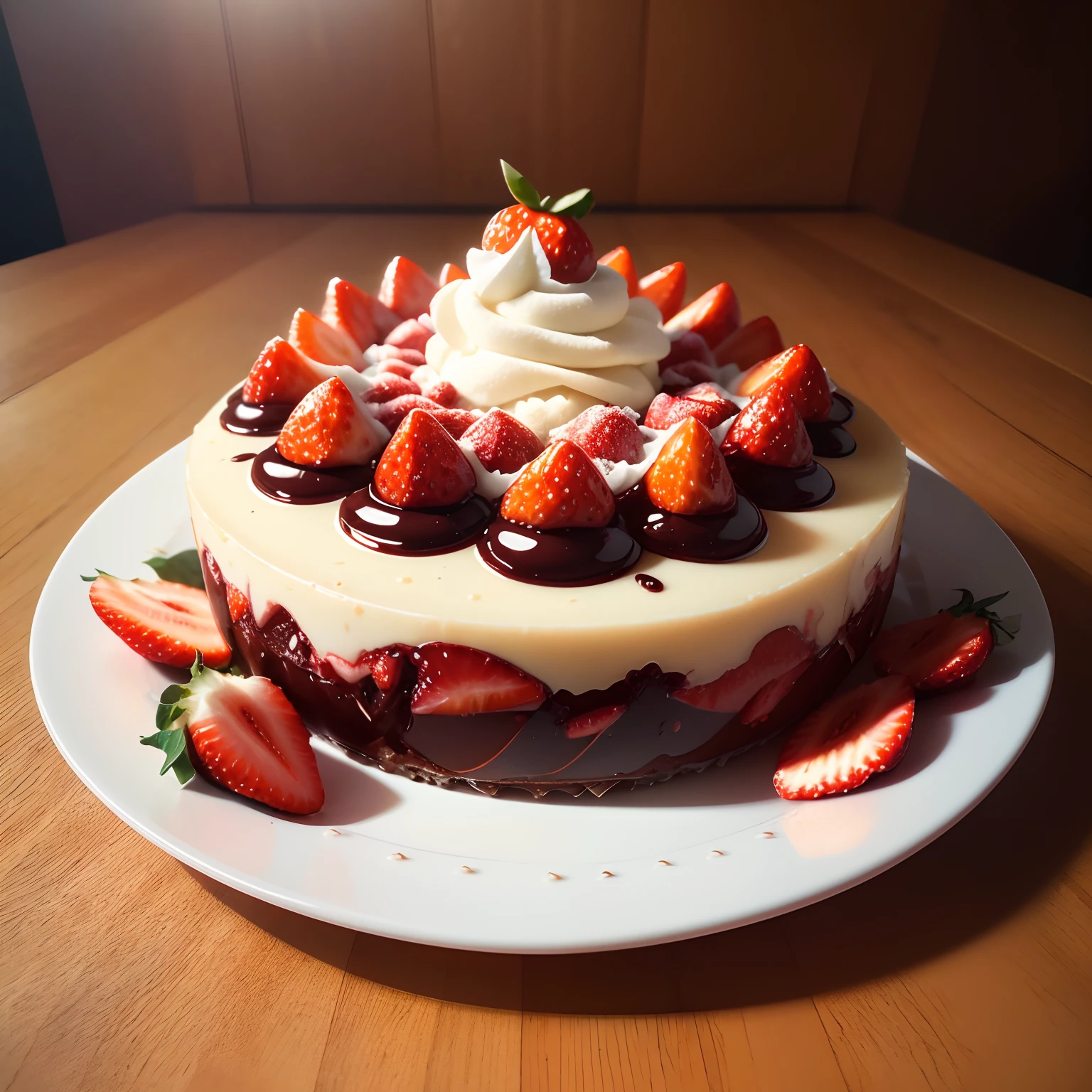 top-quality、超A high resolution、(Photorealsitic:1.4)、ultra-detailliert、Chocolate Parfait、Put tangerines on it、Put bananas on top、Put strawberries on top、profetional lighting