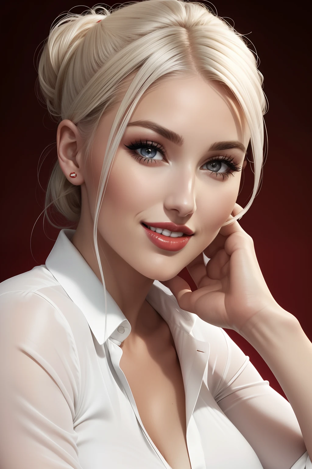 lucy pinder, face portrait, smiling, platinum hair, hair tied in a chignon, red lipstick, white blouse