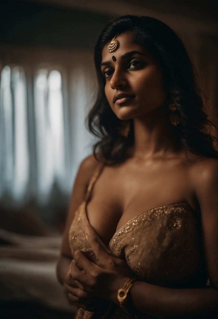 Portrait of a ( Indian girl ) , with big boobs, in room, topless