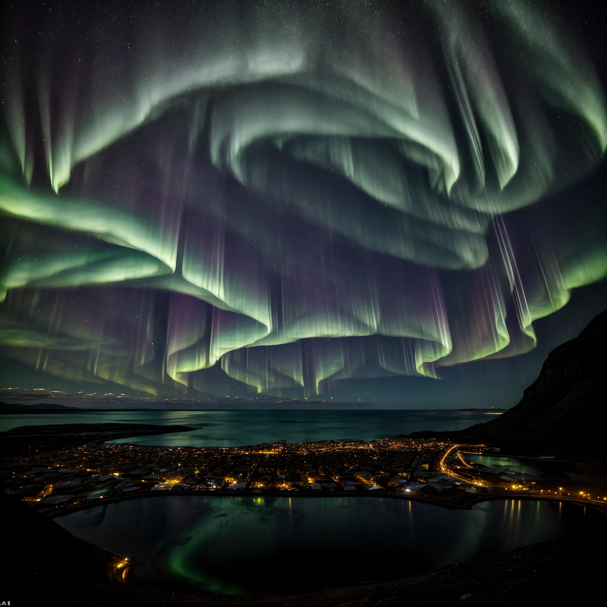 Overlooking the perspective，There are a large number of fish swimming in the ocean，Sea level reflects the night sky full of auroras，tmasterpiece，extreme hight detail
