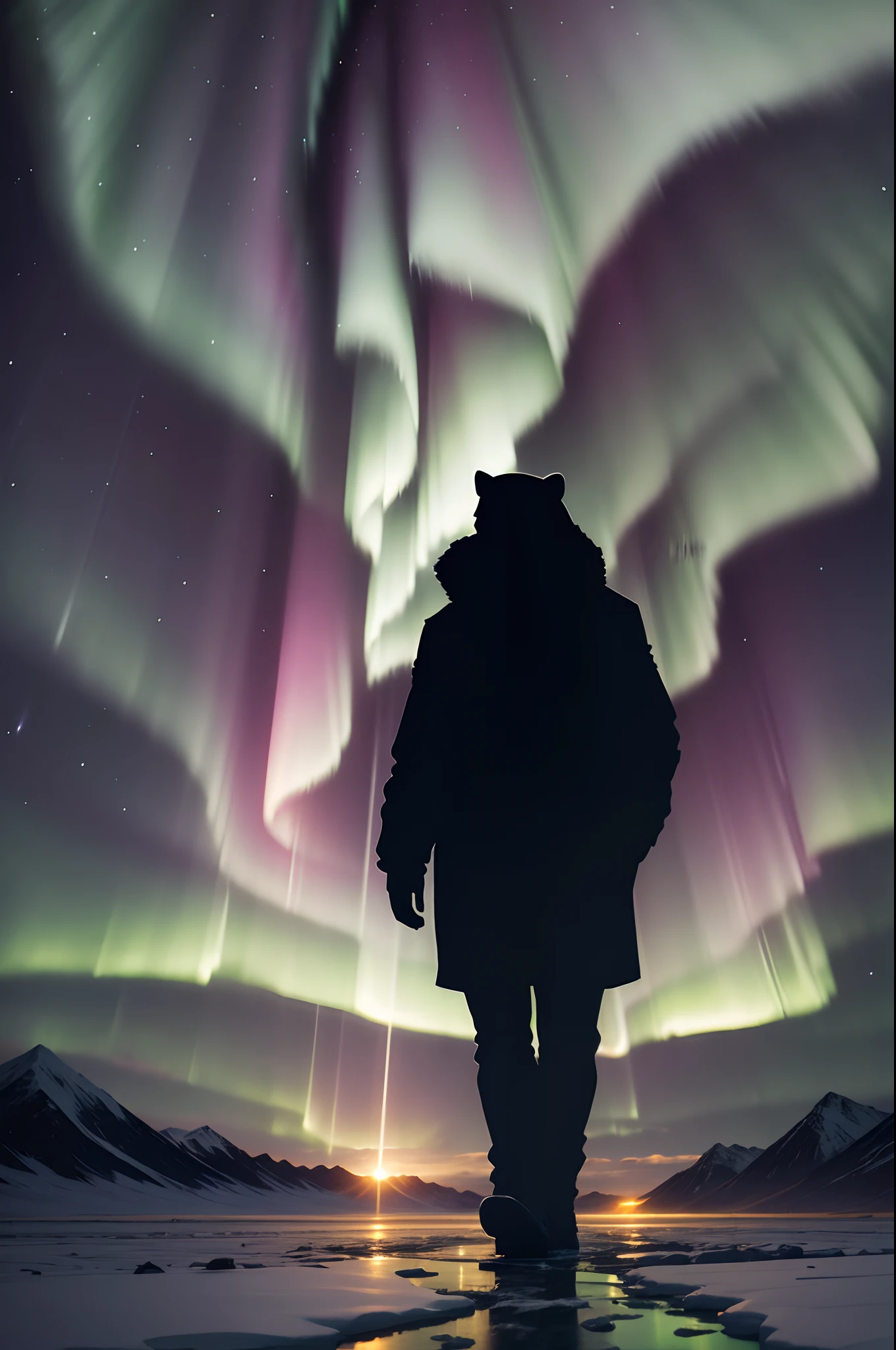 (masterpiece, best quality), best resolution, aurora at night, arctic, extreme wide shot of polar bear silhouette walking along the ice