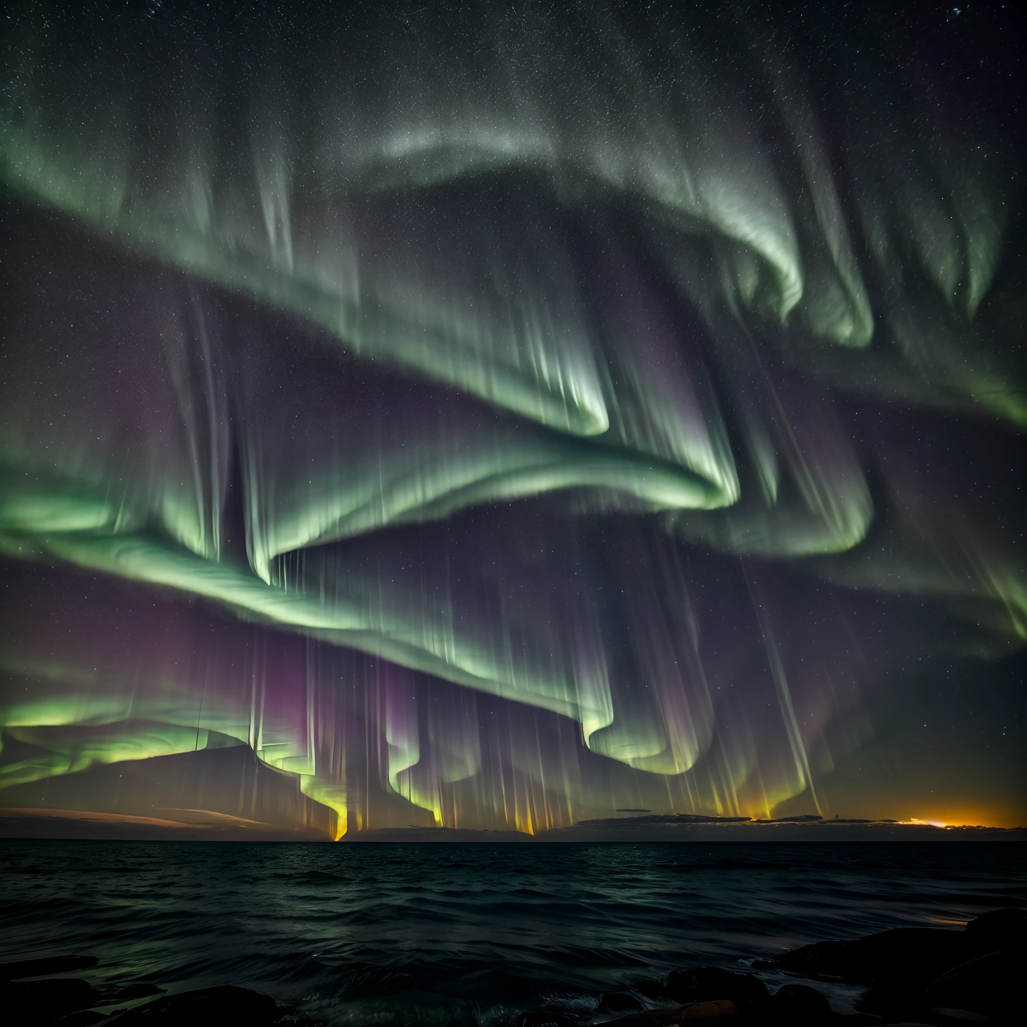 Overlooking the perspective,There are a large number of fish swimming in the ocean,Sea level reflects the night sky full of auroras,tmasterpiece,extreme hight detail