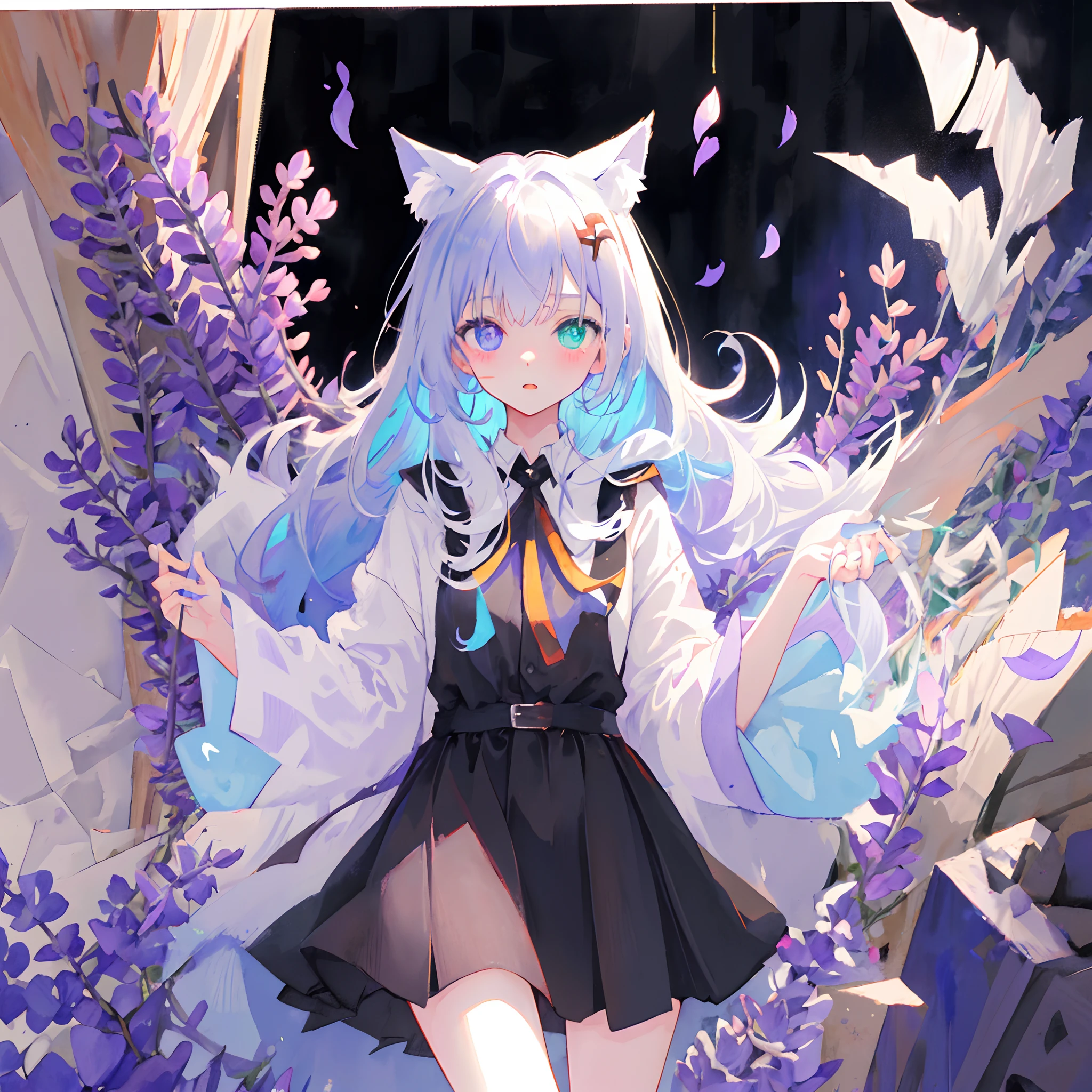 ((solo young catgirl)), lavender hair, nekomimi, simple plain background, relaxed, flowers, leaves, masterpiece, heterochromia, polychromia, (pastel colors), (muted colors), glow, soft, in the style of a watercolor painting
