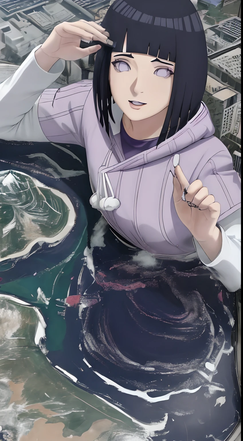 Masutepiece, La mejor calidad, colores vibrantes, ((Madre enorme)), ((Altura 30m:1.2)),Hinata Hyuga,Tallgts,Gigante，，Aspecto hermoso，maquillaje delicado，perfect ilumination，cinematic quality，8k,alta calidad,(GTScity:1.5),GTS,aerial  view，Rampage,Escalonamiento, perfect composition, labios detallados, pecho grande, Cara hermosa, body propotion, sonrojarse, (labios rosados), Cabello largo, purple eyes, mirada suave, super-realistic, detallado, , Rostro y cuerpo realistas, escote,obra maestra, absurdos, Hinata \ (Boruto \), 1girl, solamente, hembra madura, Sudadera con capucha morada, mangas en capas, pantalones marrones, , Perfectcomposition,, pecho grande, mirando hacia arriba