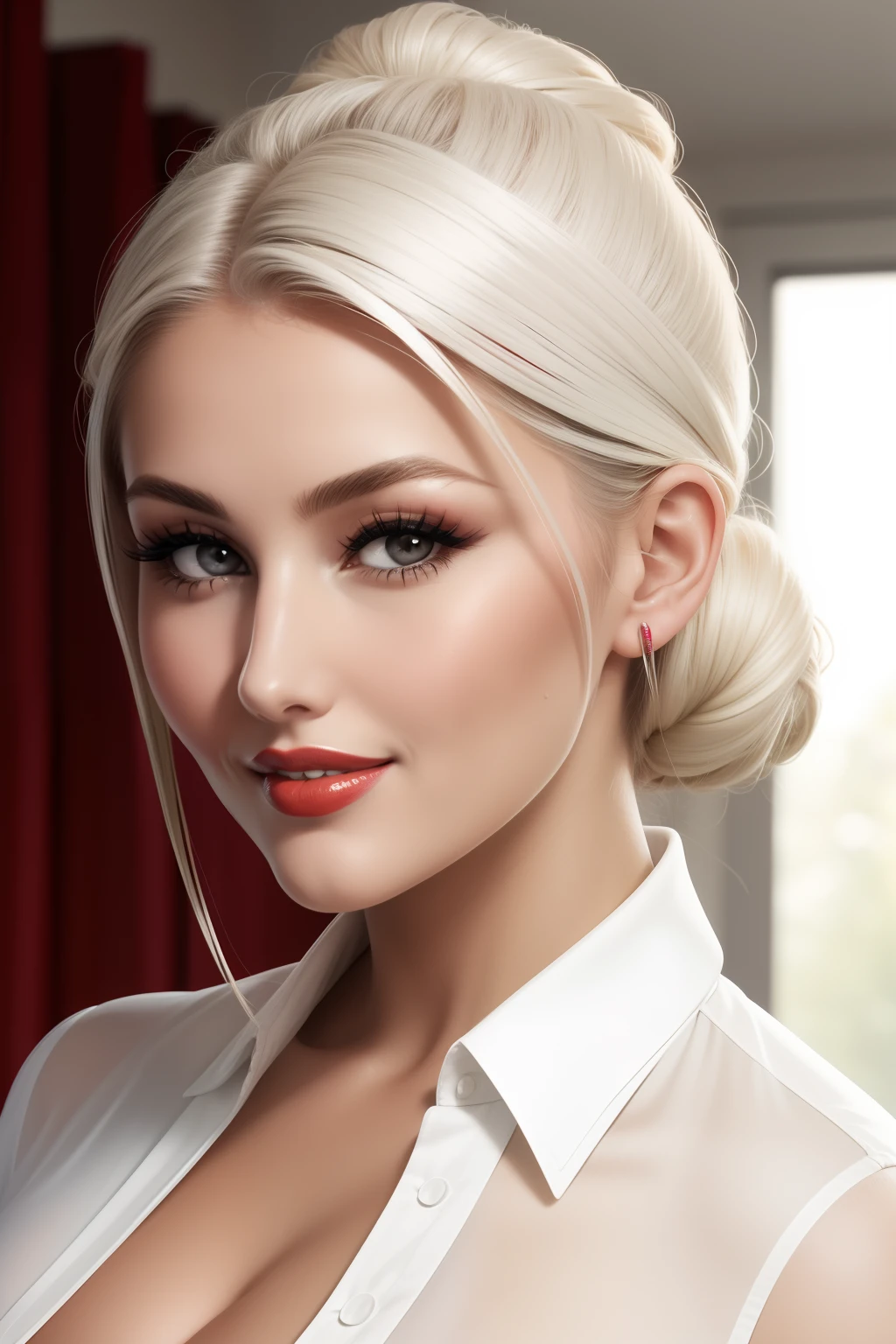 lucy pinder, face portrait, smiling, platinum hair, hair tied in a chignon, red lipstick, white blouse