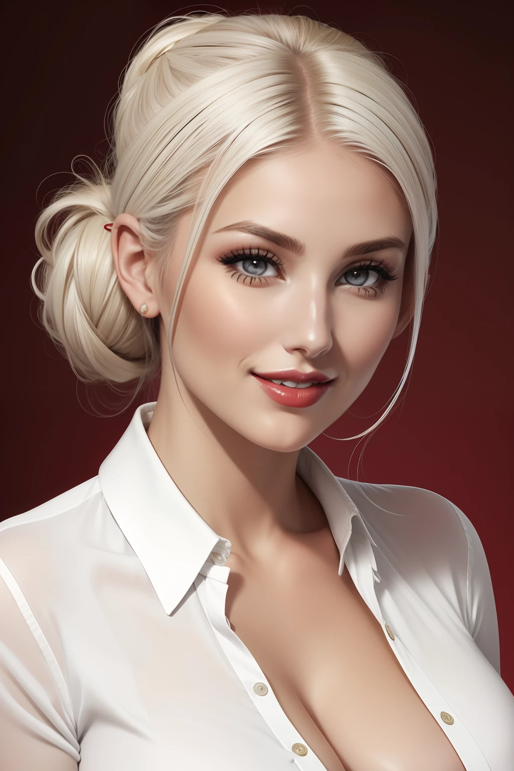 lucy pinder, face portrait, smiling, platinum hair, hair tied in a chignon, red lipstick, white blouse