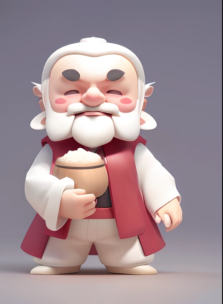 There is a caricature of a man with a beard and holding a jar of rice, relaxed dwarf with white hair, wearing Chinese Traditional dress, cute character, playful peasant man, 3D modeling，Soft lighting，white backgrounid，