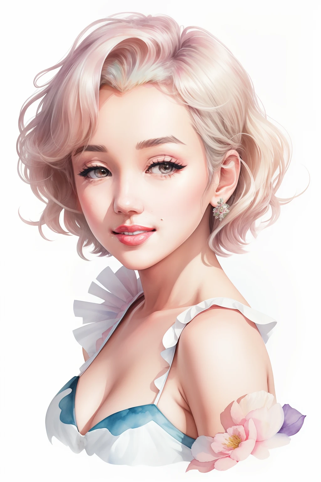 ((Marilyn Monroe Stetsu)),(White background:1.4), ((Tachi-e)), Original,(Illustration:1.1),(Best Quality),(masutepiece:1.1),(the Extremely Detailed CG Unity 8K Wallpapers:1.1), (Colorful:0.9),(panoramic shot:1.4),(Solo:1.2), (Ink splashing),(splashes of colour),((watercolor paiting)), Clear Sharp Focus,{ 1girl standing },((Korean style )),flowers background,Outdoors,boulders, Looking at Viewer, make happy expressions,A small mole under the left eye,Soft smile,pure,beautiful detailed face and eyes,beautyfull intricacy clothing decorative pattern details, Black hair,Black eyes,colorwater