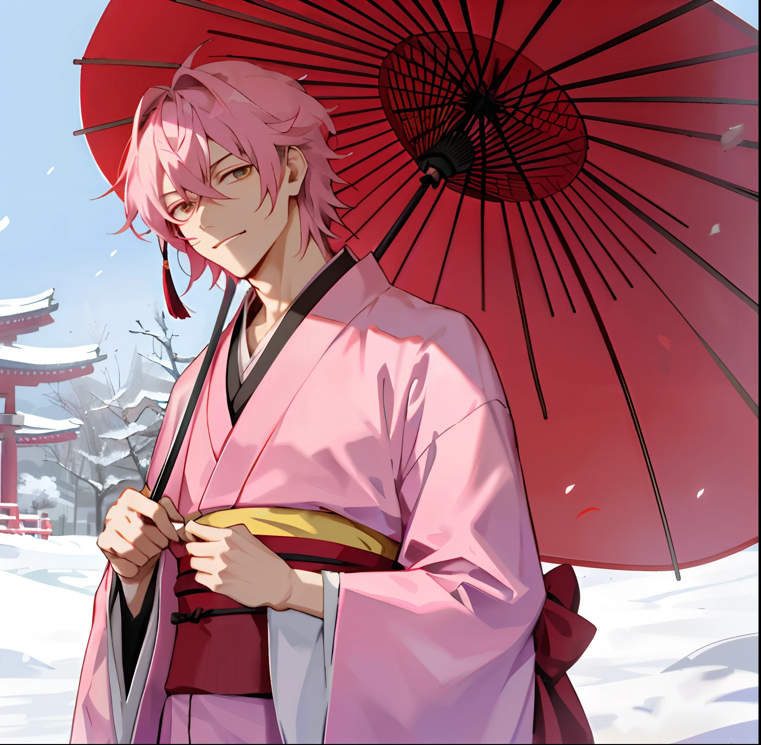 anime character in kimono outfit holding red umbrella in snow, koyoharu gotouge, haruno sakura, hijikata toushirou of gintama, inspired by Nishikawa Sukenobu, inspired by Okumura Masanobu, inspired by Munakata Shikō, handsome guy in demon slayer art