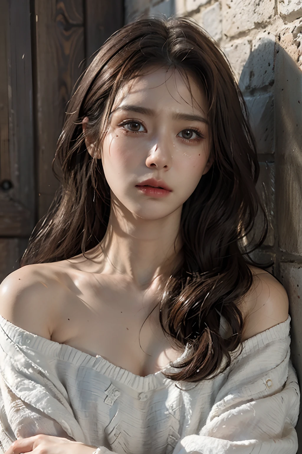 A close up of a woman leaning against a wall with her arms crossed ...