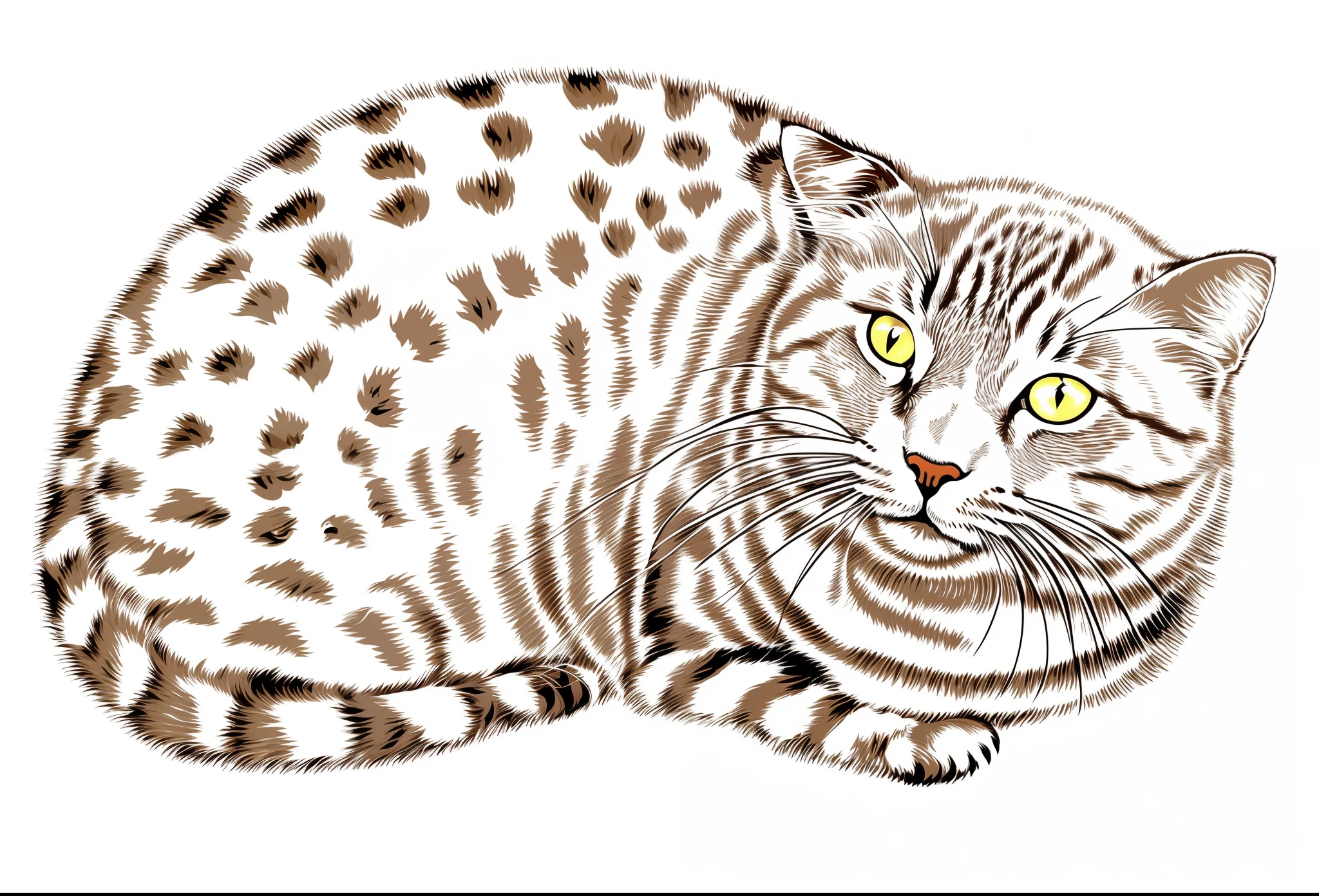A drawing of a cat lying on a white surface, illustration of a cat, inspired by Charles Ginner, Hand drawn illustrations,The cat's eyes are yellowish brown