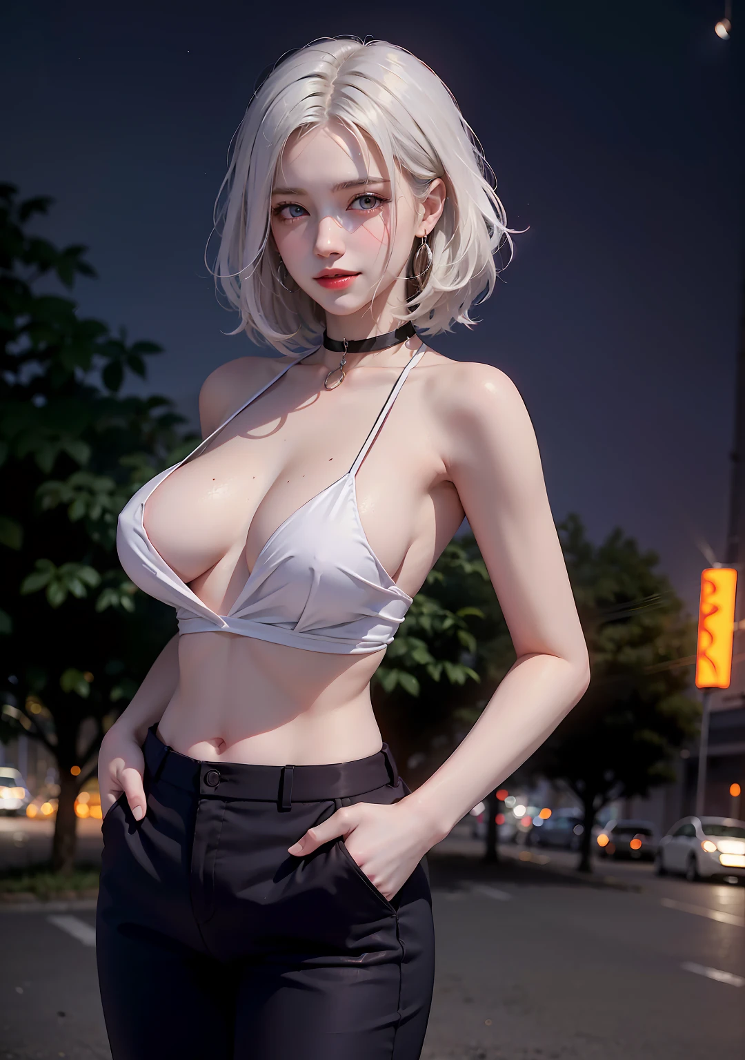 (masterpiece, best quality:1.2), cowboy shot, solo, 1girl, white hair, short wavy hair, purple eyes, (large breasts: 1.2), cleavage, slender body, light smile, looking at viewer, hands in pockets, formal, dark suit, topless, black pants, choker, earrings, cityscape scenery, street, night light,