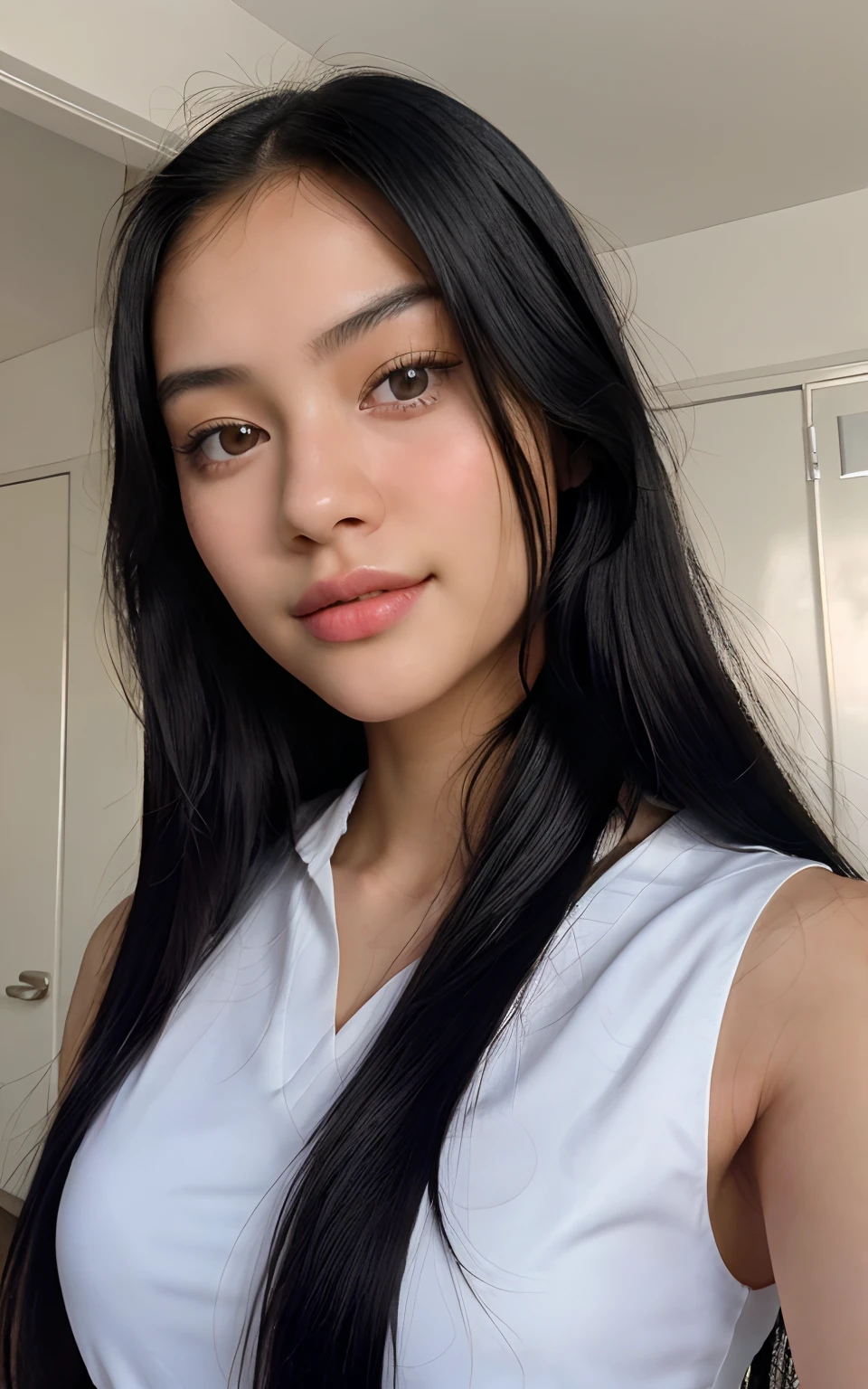 a close up of a woman in a white tank top and black shorts, sie boob, 1 8 yo, 18 years old, gorgeous chinese model, 2 2 years old, young and cute girl, she has a cute face, 21 years old, sexy look at the camera, busty, 2 7 years old, with cute doting eyes