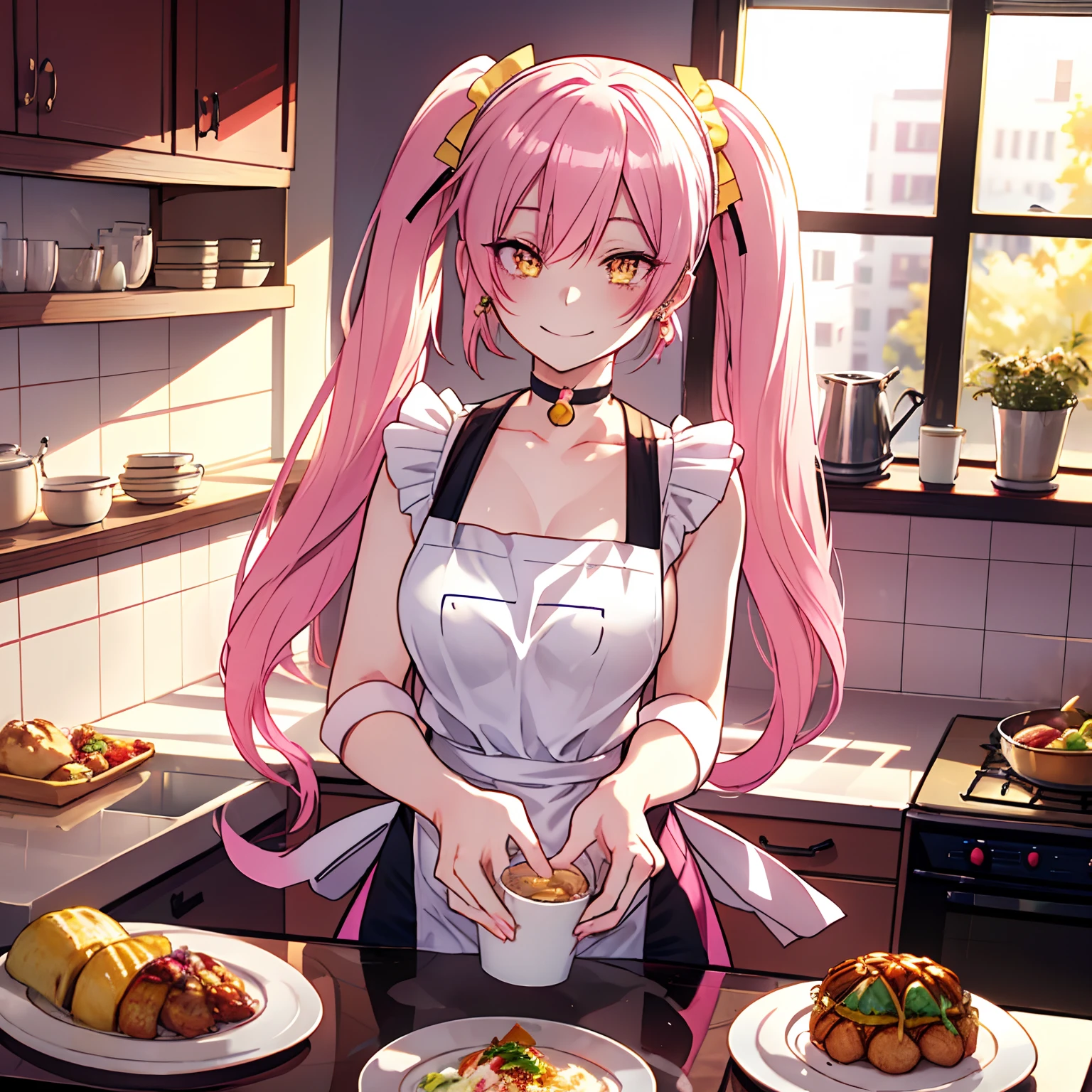 1 girl, yellow eyes, twintails hair, long hair, pink hair, medium chest, medium ass, smile, happy, hairpins, choker, smile, happy face, earrings, apron, in the kitchen, plate of food in hand, ultra detailed, 8K wallpaper, reflection light, ray tracing, realistic