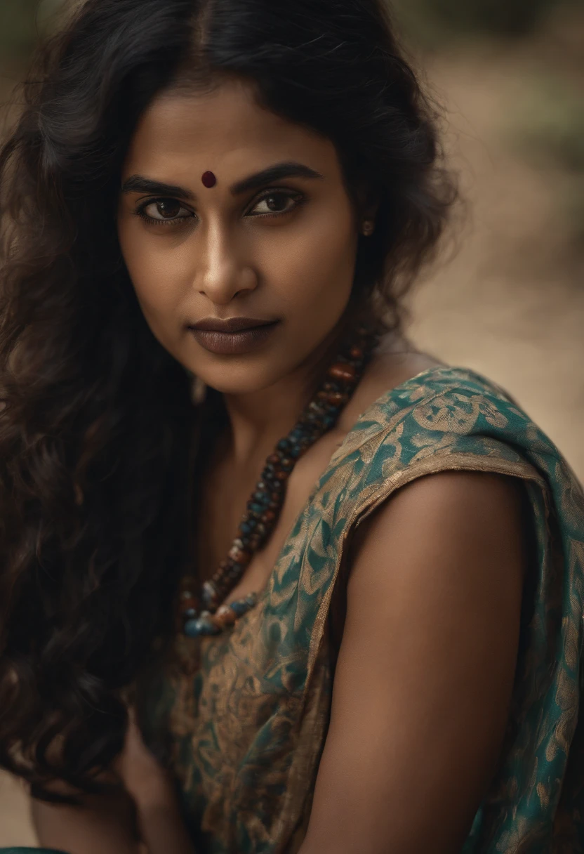 (best quality, ultra-detailed, realistic:1.37), portraits, Indian women, aged, naked, white hair, big kumkum in forehead, wearing oversized funky loose t-shirt, dark ambience, well-detailed skin