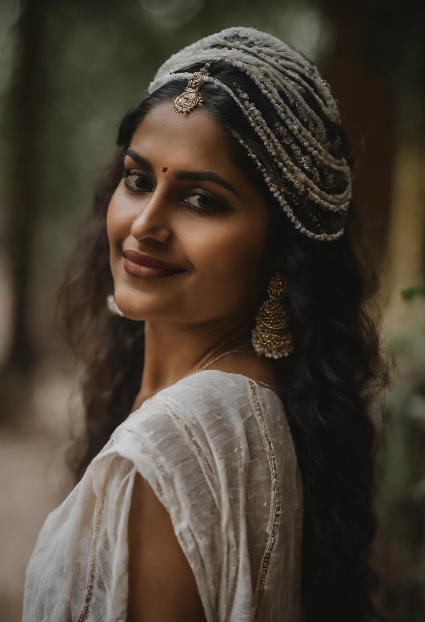 (best quality, ultra-detailed, realistic:1.37), portraits, Indian women, aged, naked, white hair, big kumkum in forehead, wearing oversized funky loose t-shirt, dark ambience, well-detailed skin
