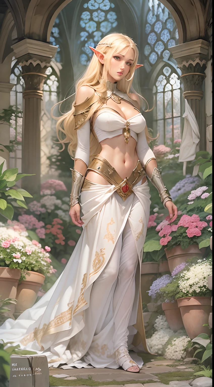 A graceful blonde elf girl, full body a desert nomad, strides across the sand, her translucent gossamer clothes billowing in the wind, the stars twinkling in the night sky.