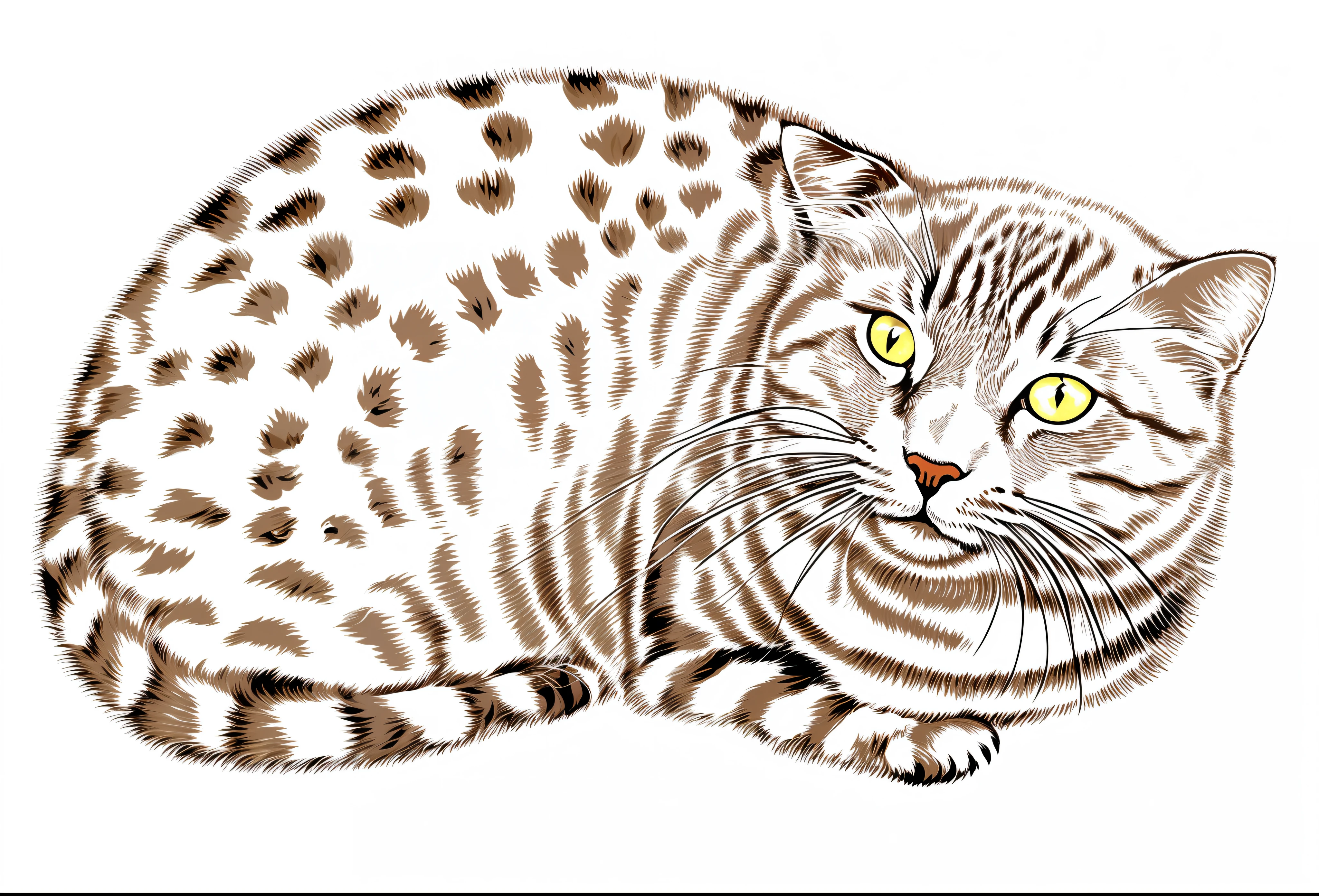 A drawing of a cat lying on a white surface, illustration of a cat, inspired by Charles Ginner, Hand drawn illustrations，The cat's eyes are yellowish brown