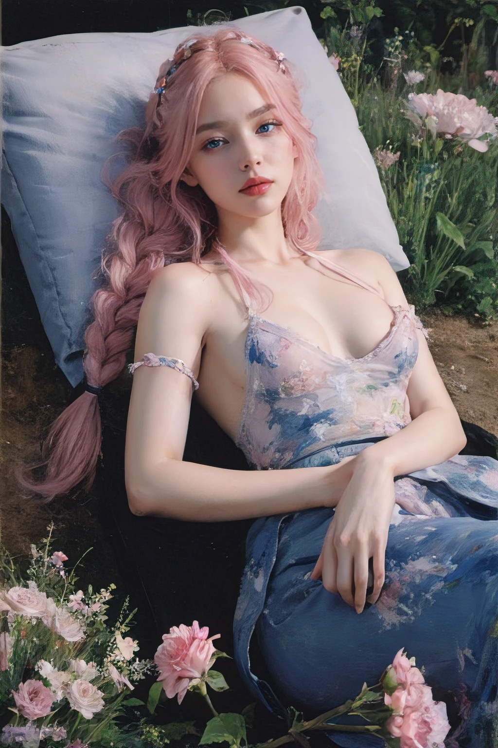 (oil painting:1.5),
\\
a woman with (single braid pink hair), ((blue eyes)) and Pink Carnation flowers in her hair is laying down in a field of Pink Carnation flowers, (amy sol:0.248), (stanley artgerm lau:0.106), (a detailed painting:0.353), (gothic art:0.106)