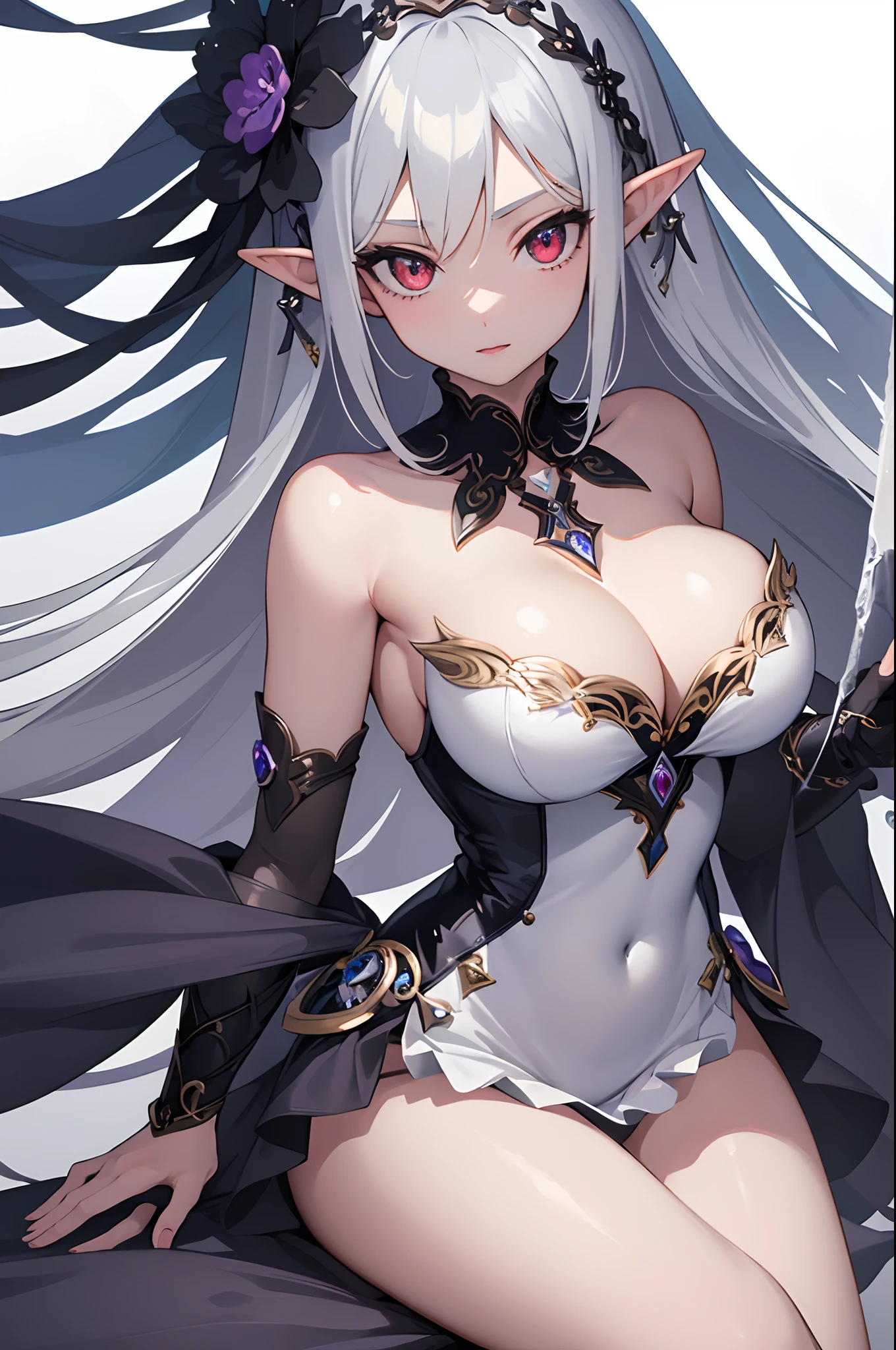 1girl, anime, cute girl, elf, blank background, white background, fantasy, detailed dark fantasy dress with highlights, beautiful face, beautiful eyes, dark colors, medium breasts, slight cleavage, beautiful skin, cute, silver hair, red eyes, breast curtains, extremely delicate and beautiful, (beautiful detailed face:1.0), (detailed deep eyes), symmetrical breasts, deep eyes, shiny skin, portrait, slender waist, hips wider than shoulders, thighs, young girl