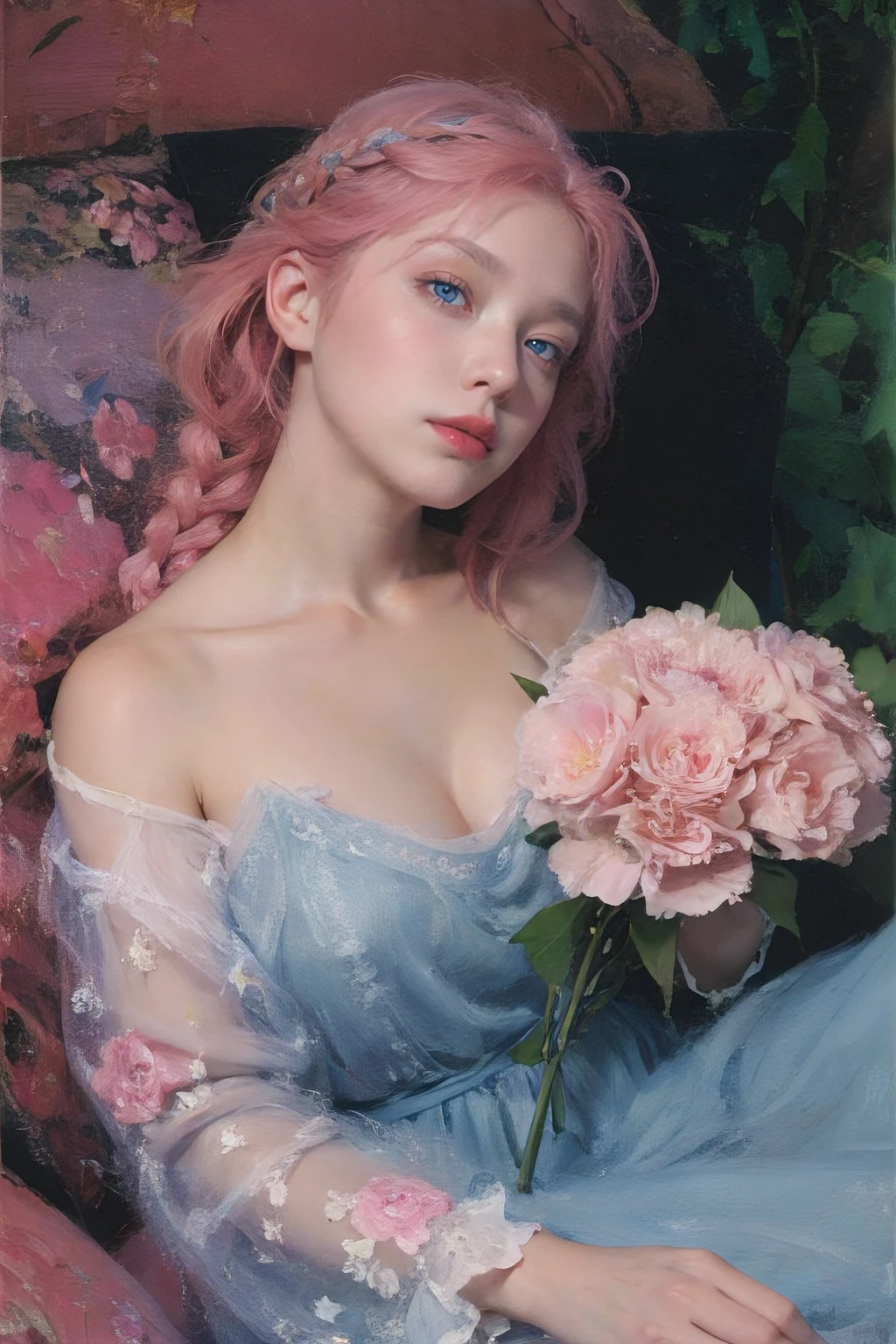(oil painting:1.5),
\\
a woman with (single braid pink hair), ((blue eyes)) and Pink Carnation flowers in her hair is laying down in a field of Pink Carnation flowers, (amy sol:0.248), (stanley artgerm lau:0.106), (a detailed painting:0.353), (gothic art:0.106)